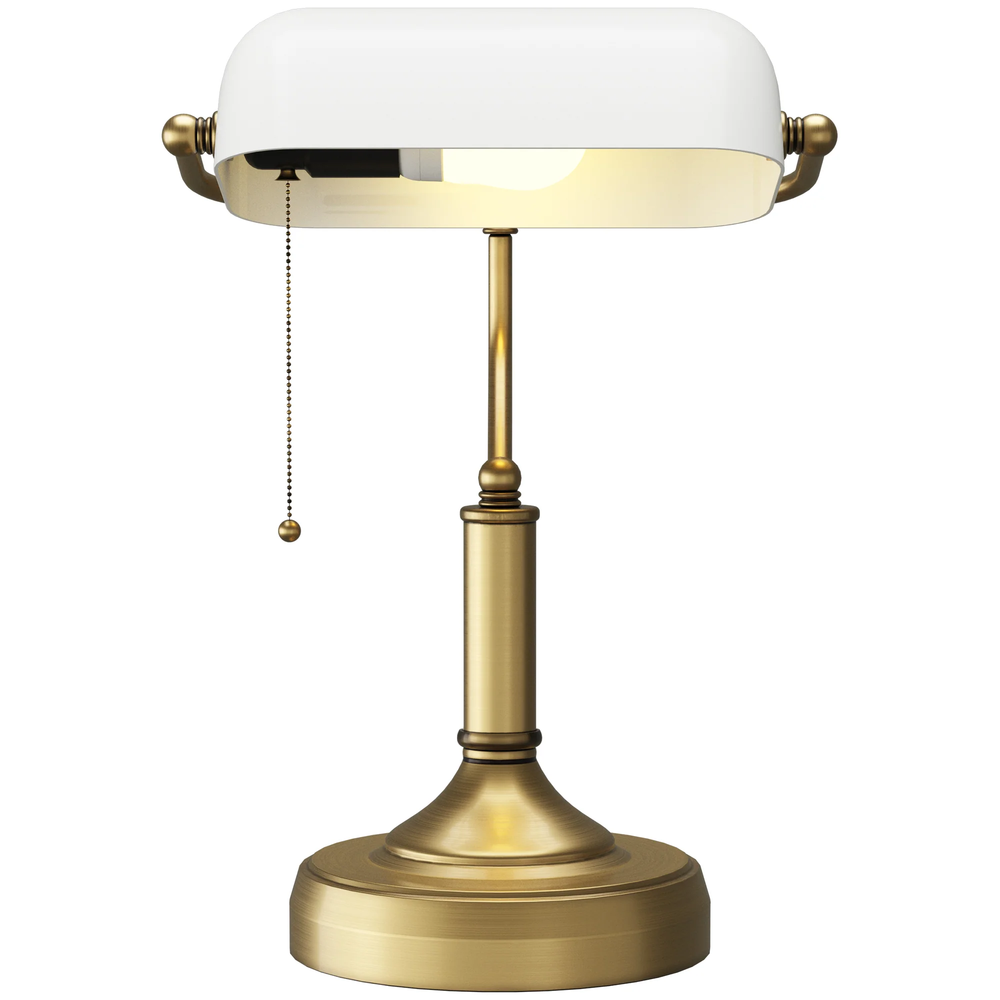 Antique Table Lamp with Bronze Tone Base, White Glass Shade and Pull Rope Switch, White - Image 2