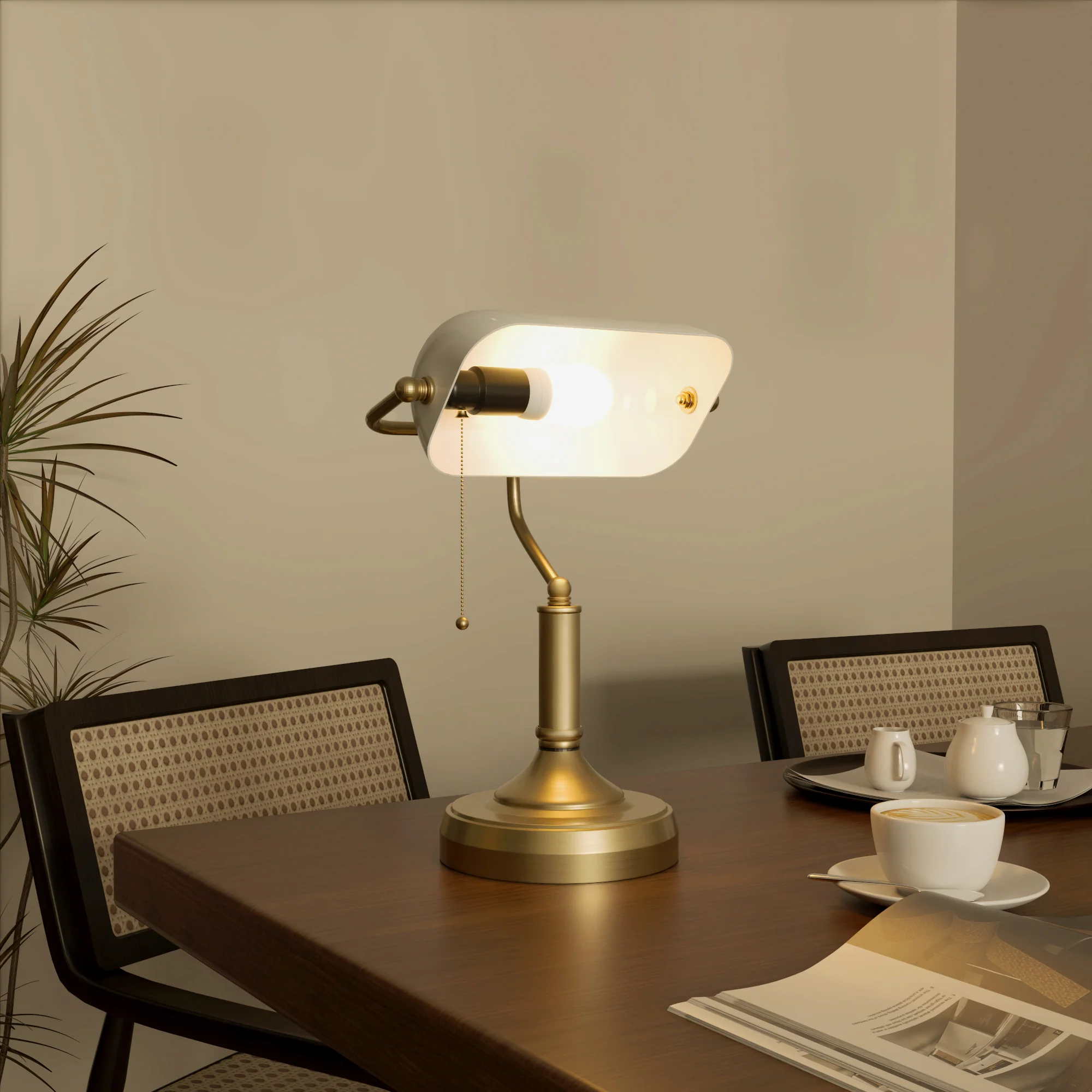 Antique Table Lamp with Bronze Tone Base, White Glass Shade and Pull Rope Switch, White - Image 4