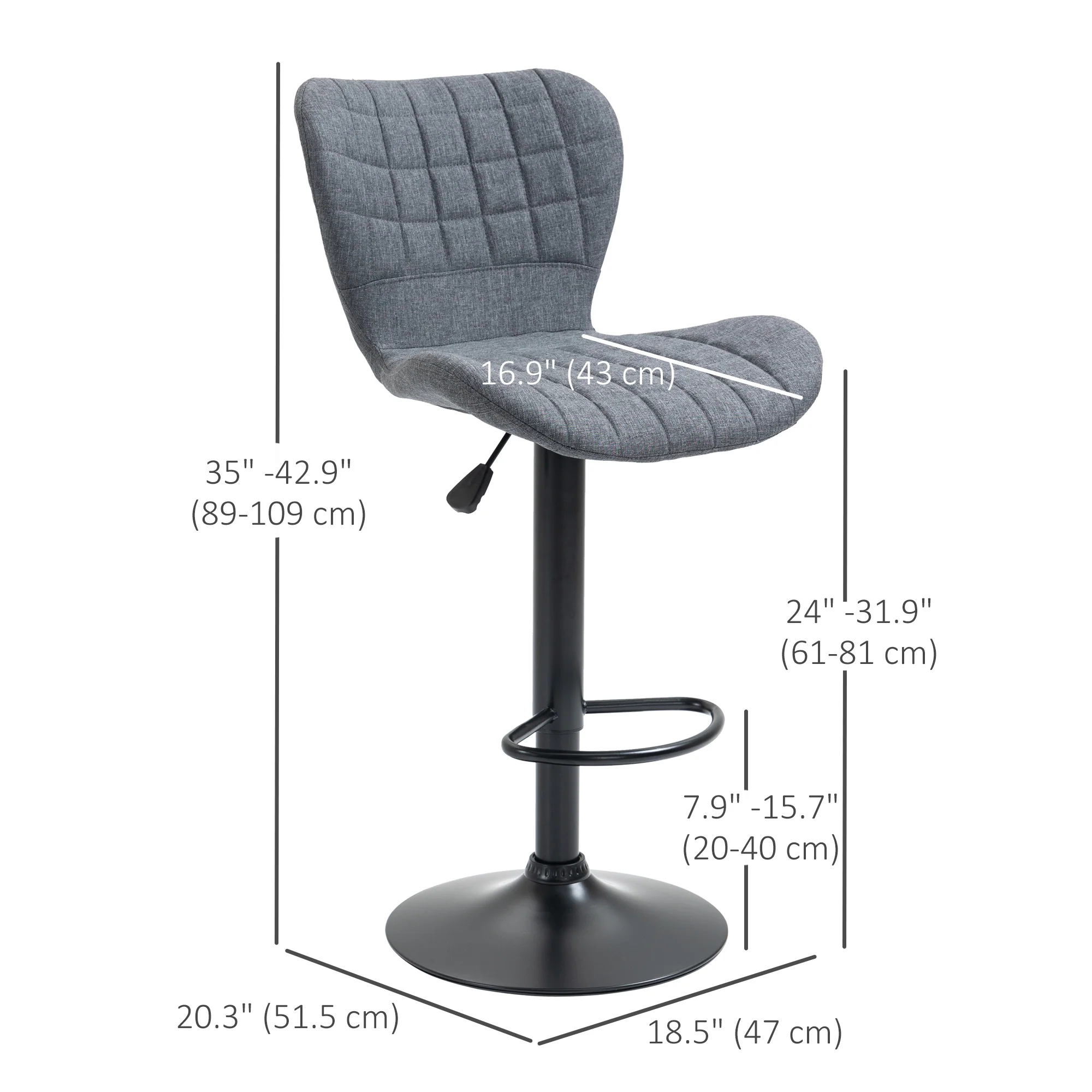 Set of 2 Adjustable Linen Swivel Bar Stools with Wide Seat, Grey - Image 5