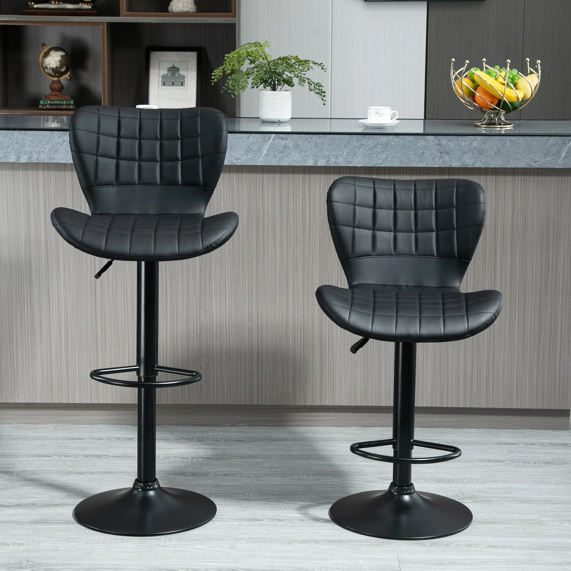 Set of 2 Adjustable PU Leather Swivel Bar Stools with Wide Seat, Black - Image 4