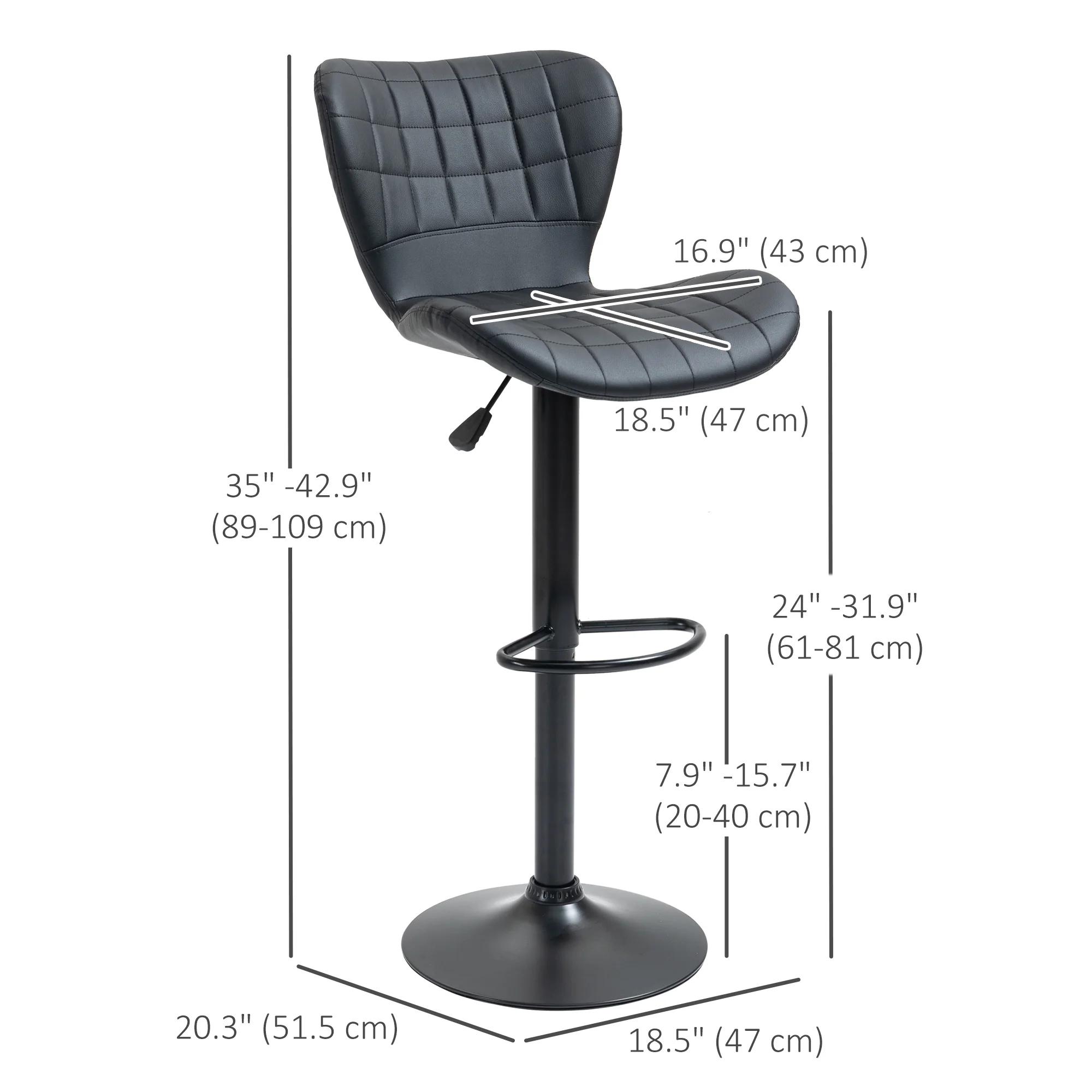 Set of 2 Adjustable PU Leather Swivel Bar Stools with Wide Seat, Black - Image 5