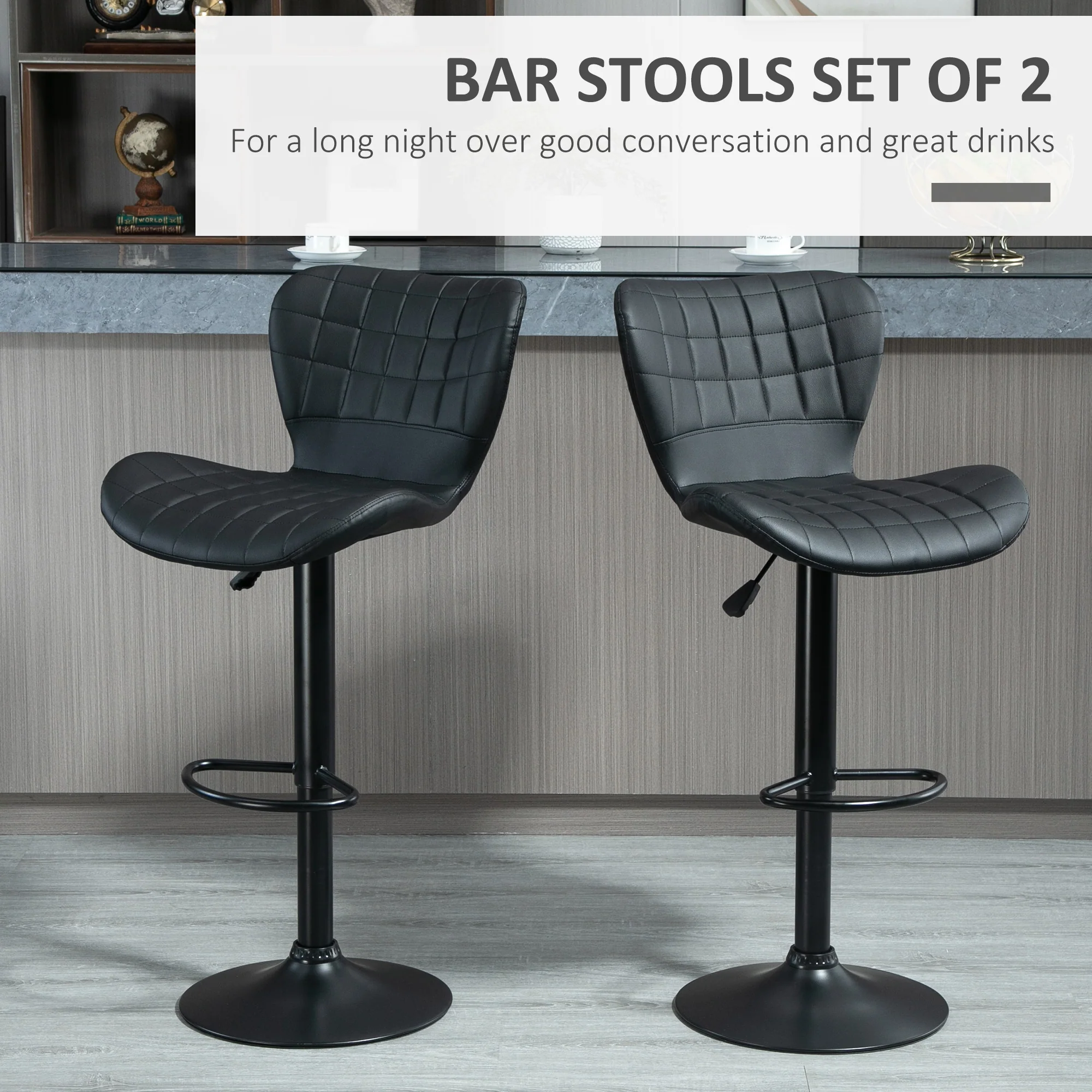 Set of 2 Adjustable PU Leather Swivel Bar Stools with Wide Seat, Black - Image 6
