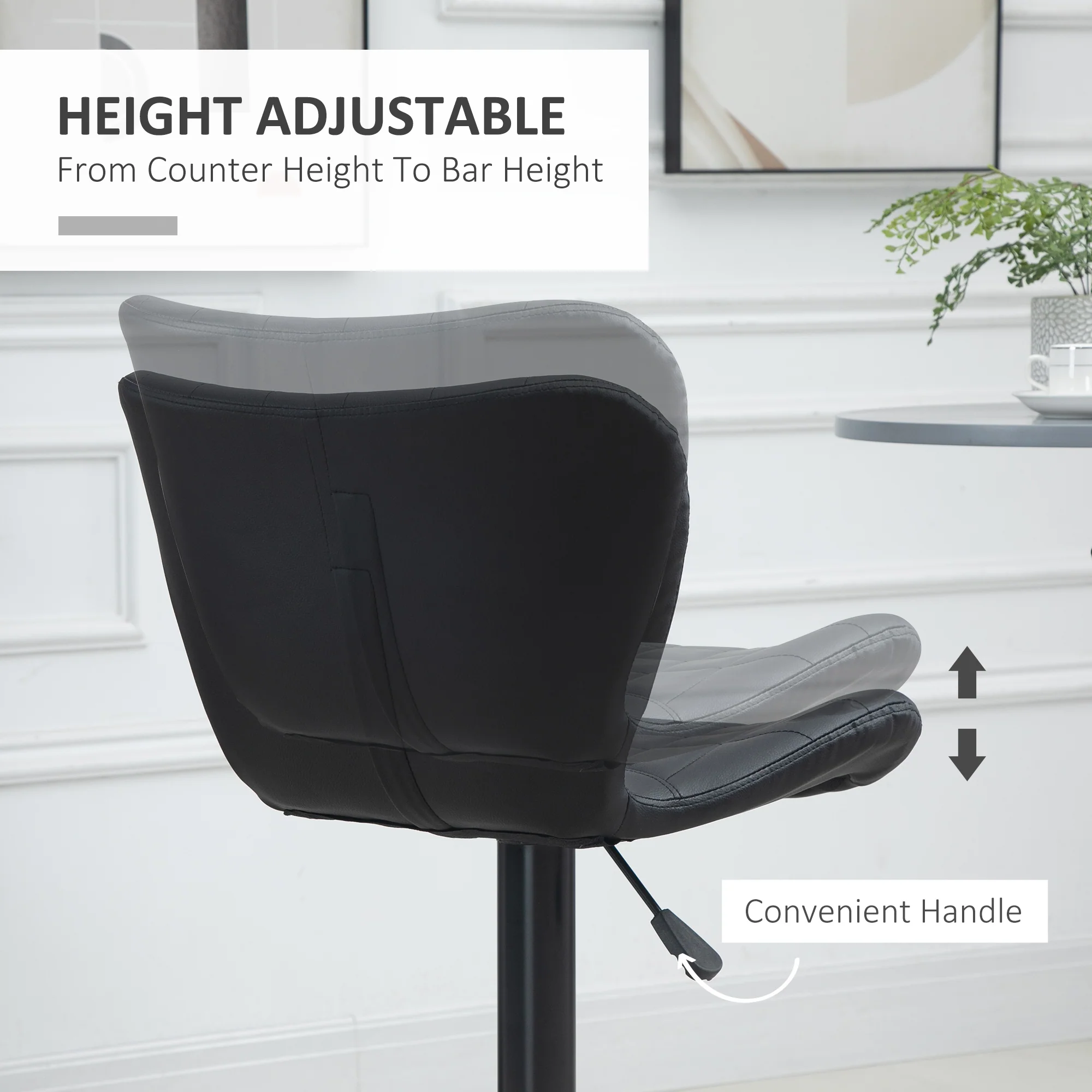 Set of 2 Adjustable PU Leather Swivel Bar Stools with Wide Seat, Black - Image 7