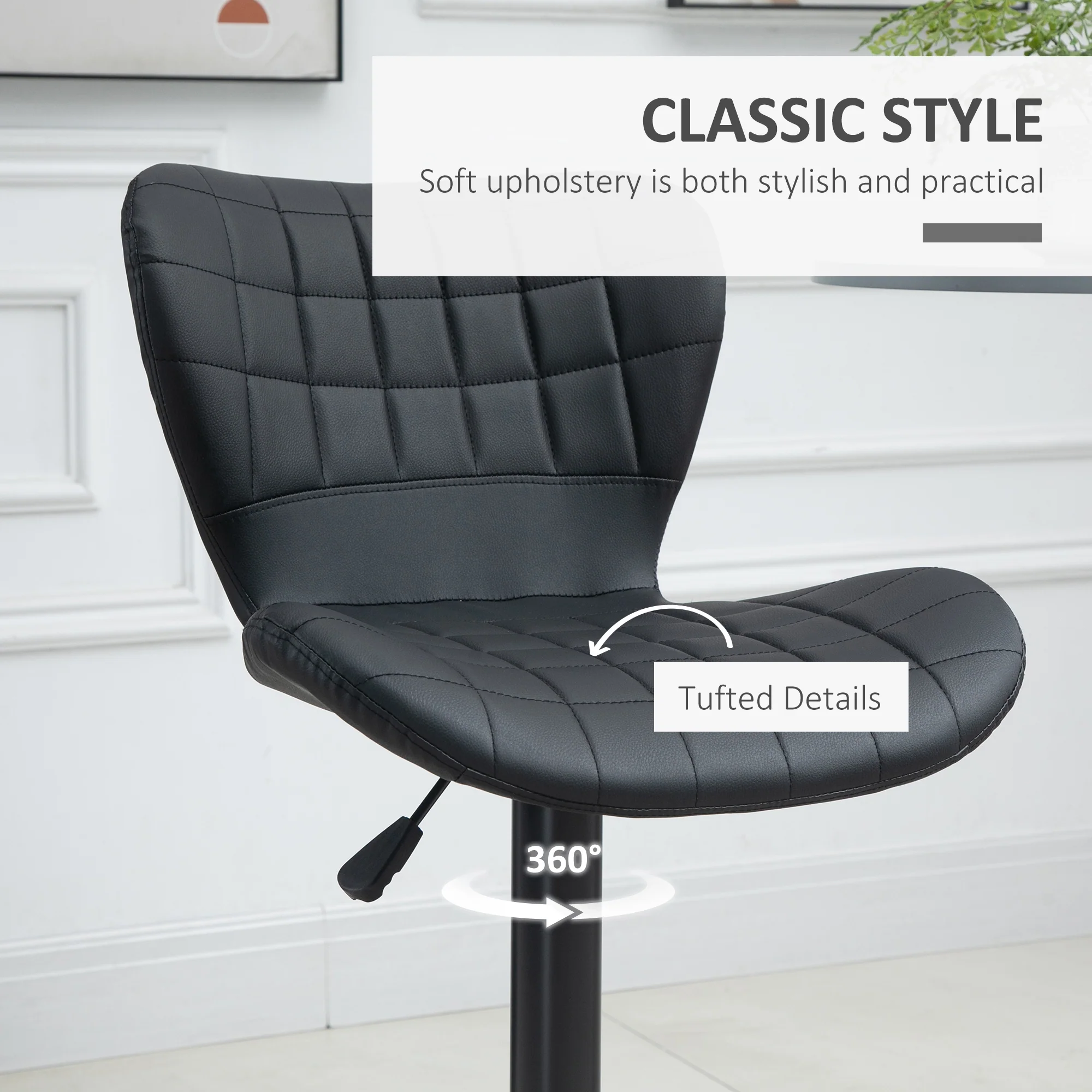 Set of 2 Adjustable PU Leather Swivel Bar Stools with Wide Seat, Black - Image 9