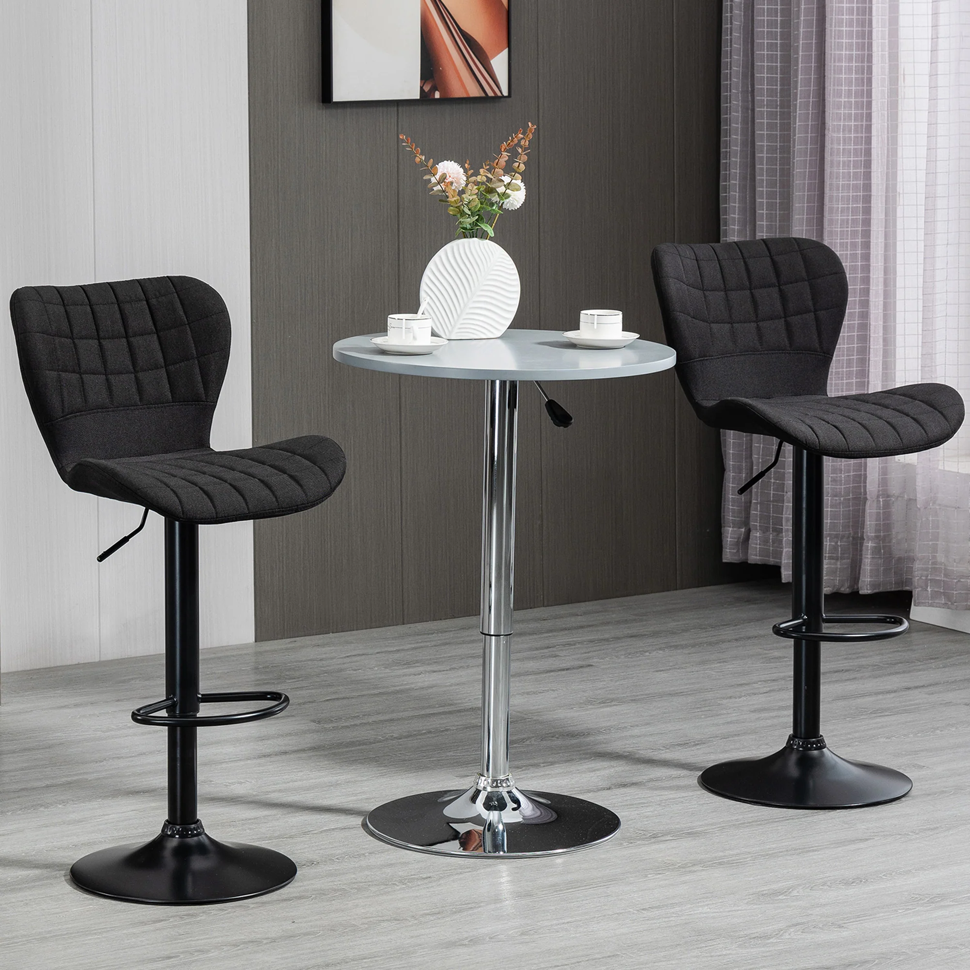 Set of 2 Adjustable Linen Swivel Bar Stools with Wide Seat, Black - Image 4