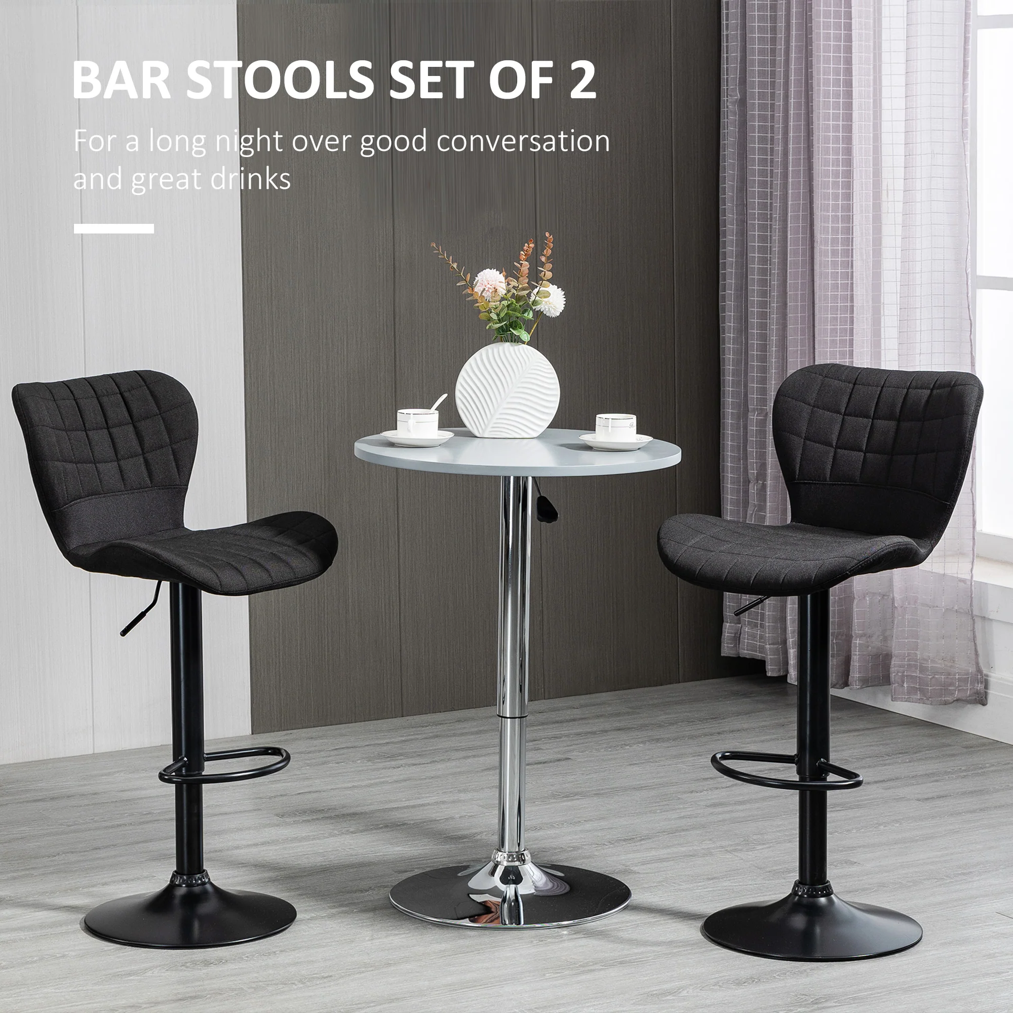 Set of 2 Adjustable Linen Swivel Bar Stools with Wide Seat, Black - Image 6