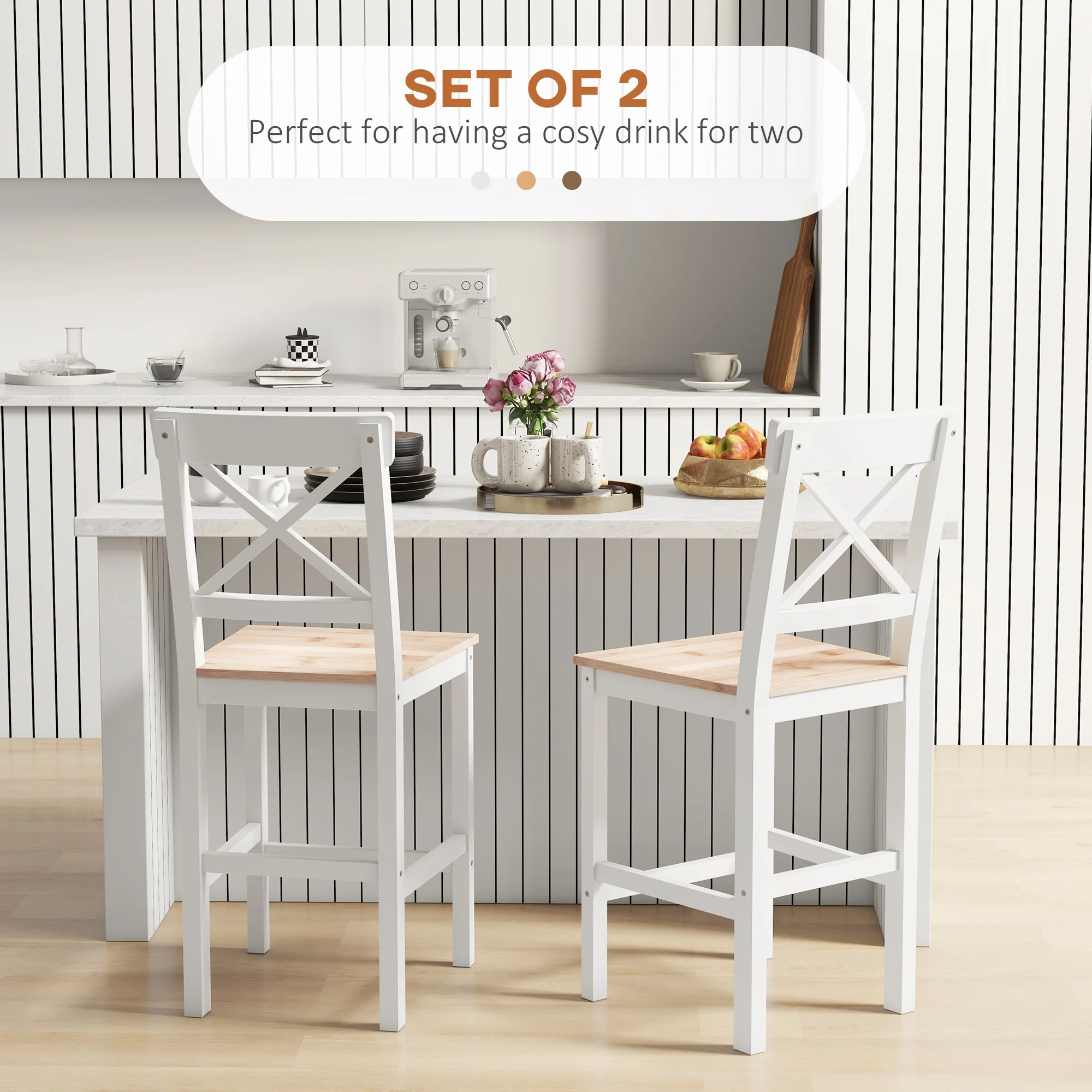 Set of 2 Farmhouse Bar Stools with Cross Back & Footrest, Natural - Image 6