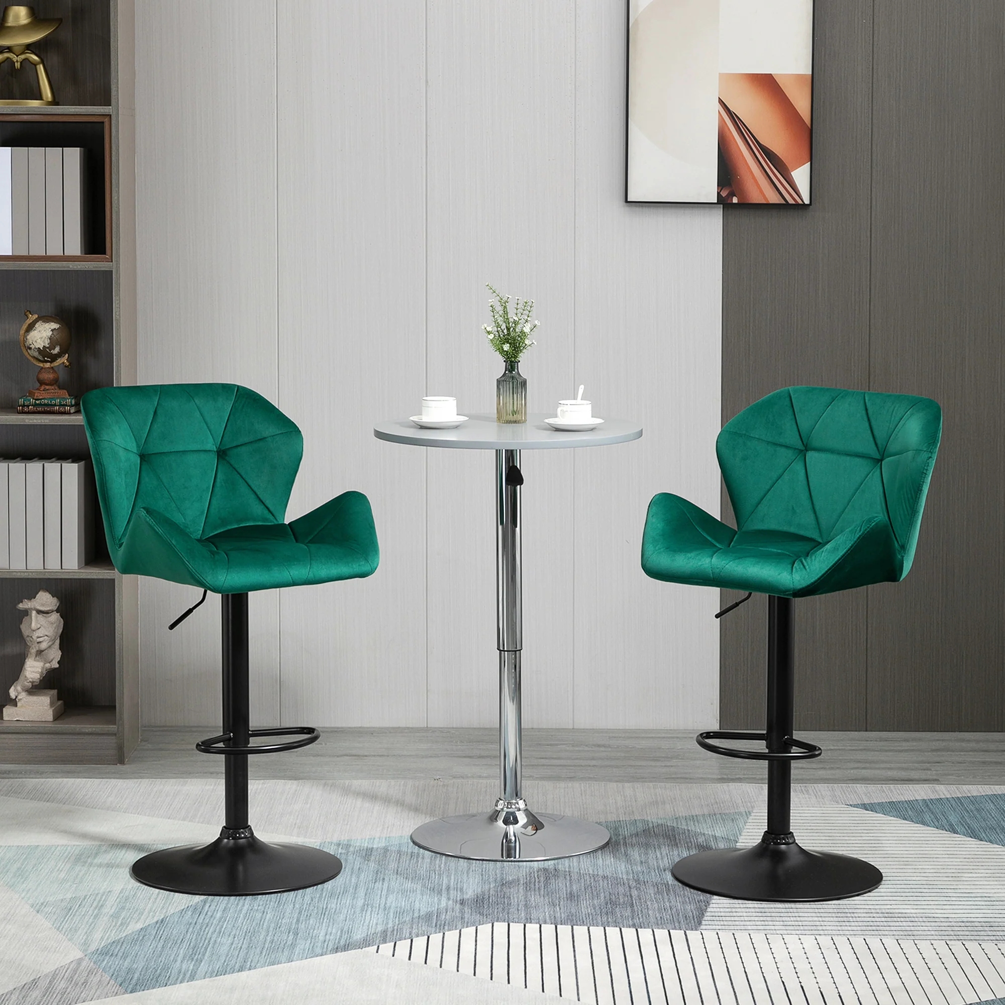 Bar Stools Set of 2, Luxury Velvet-feel Swivel Stools w/ Triangle Indenting Moulded Seat, Green - Image 4