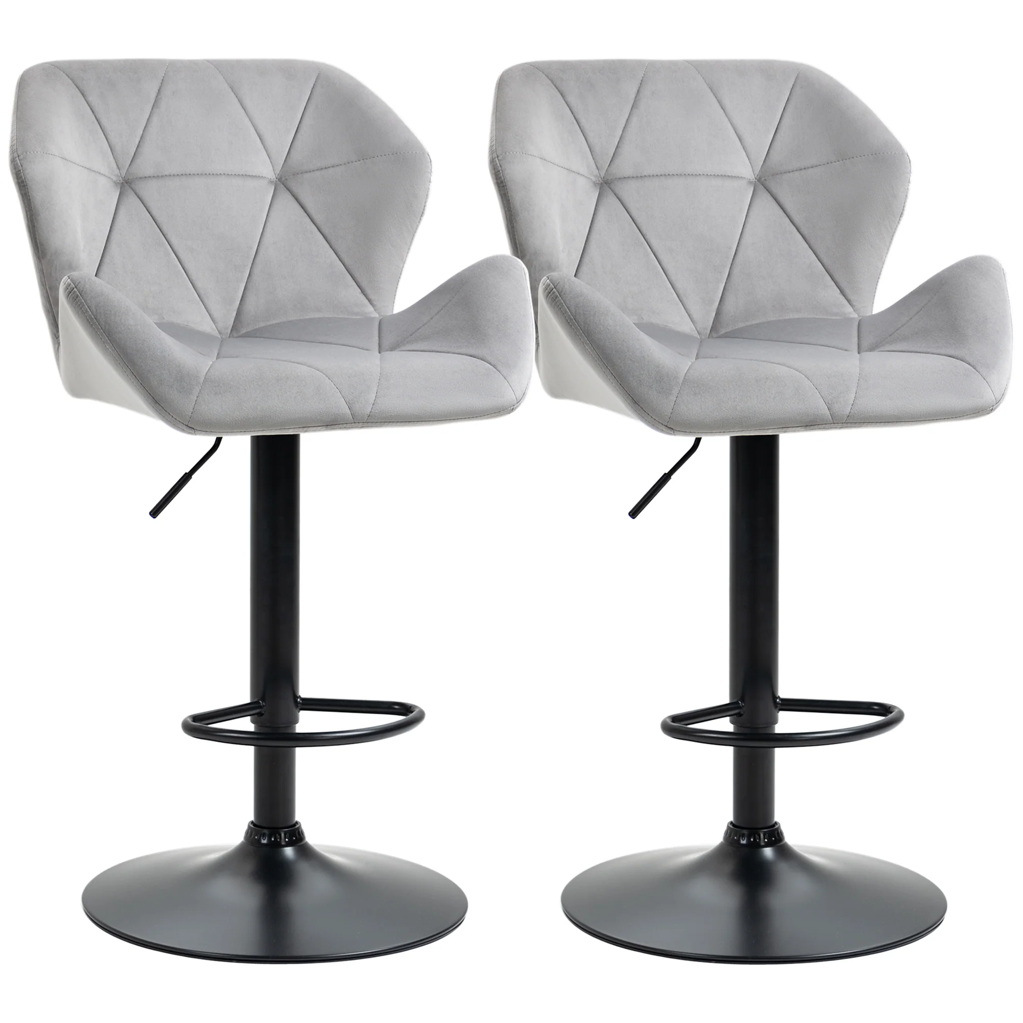 Bar Stools Set of 2, Luxury Velvet-feel Swivel Stools w/ Triangle Indenting Moulded Seat, Grey
