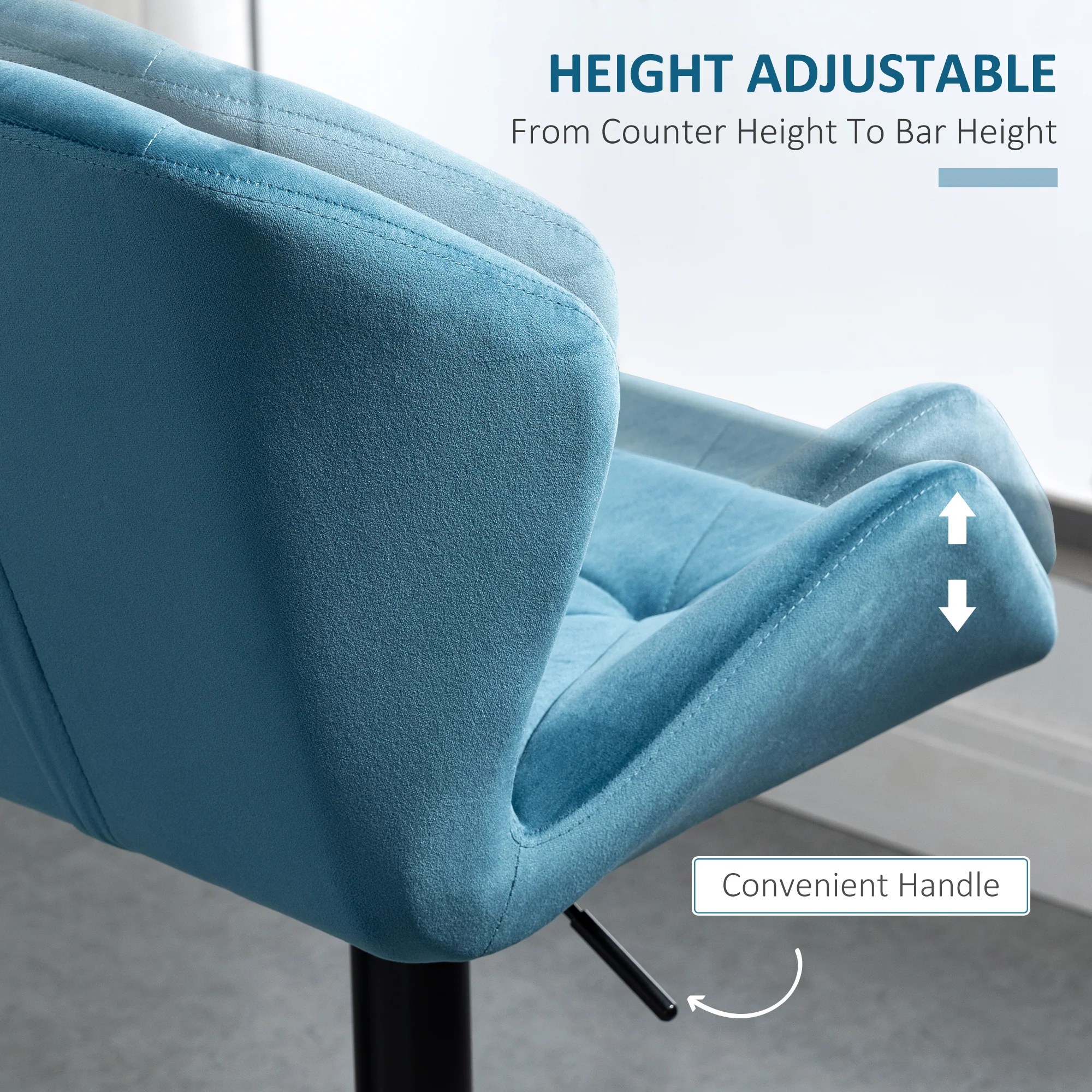 Bar Stools Set of 2, Luxury Velvet-feel Swivel Stools w/ Triangle Indenting Moulded Seat, Blue - Image 7
