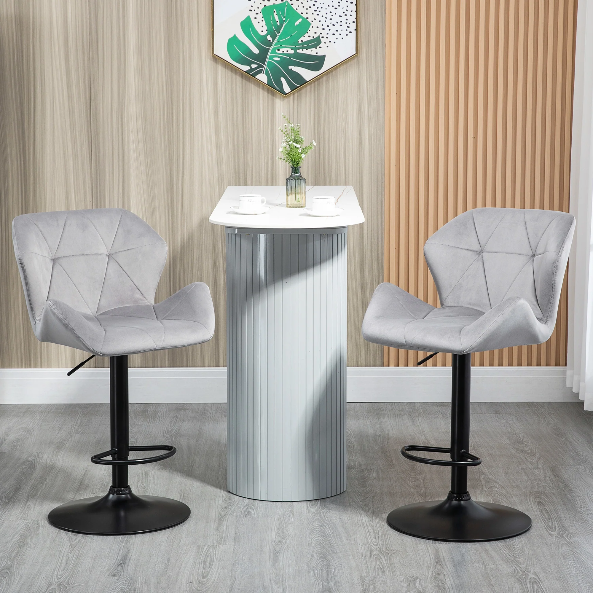Bar Stools Set of 2, Luxury Velvet-feel Swivel Stools w/ Triangle Indenting Moulded Seat, Grey - Image 3