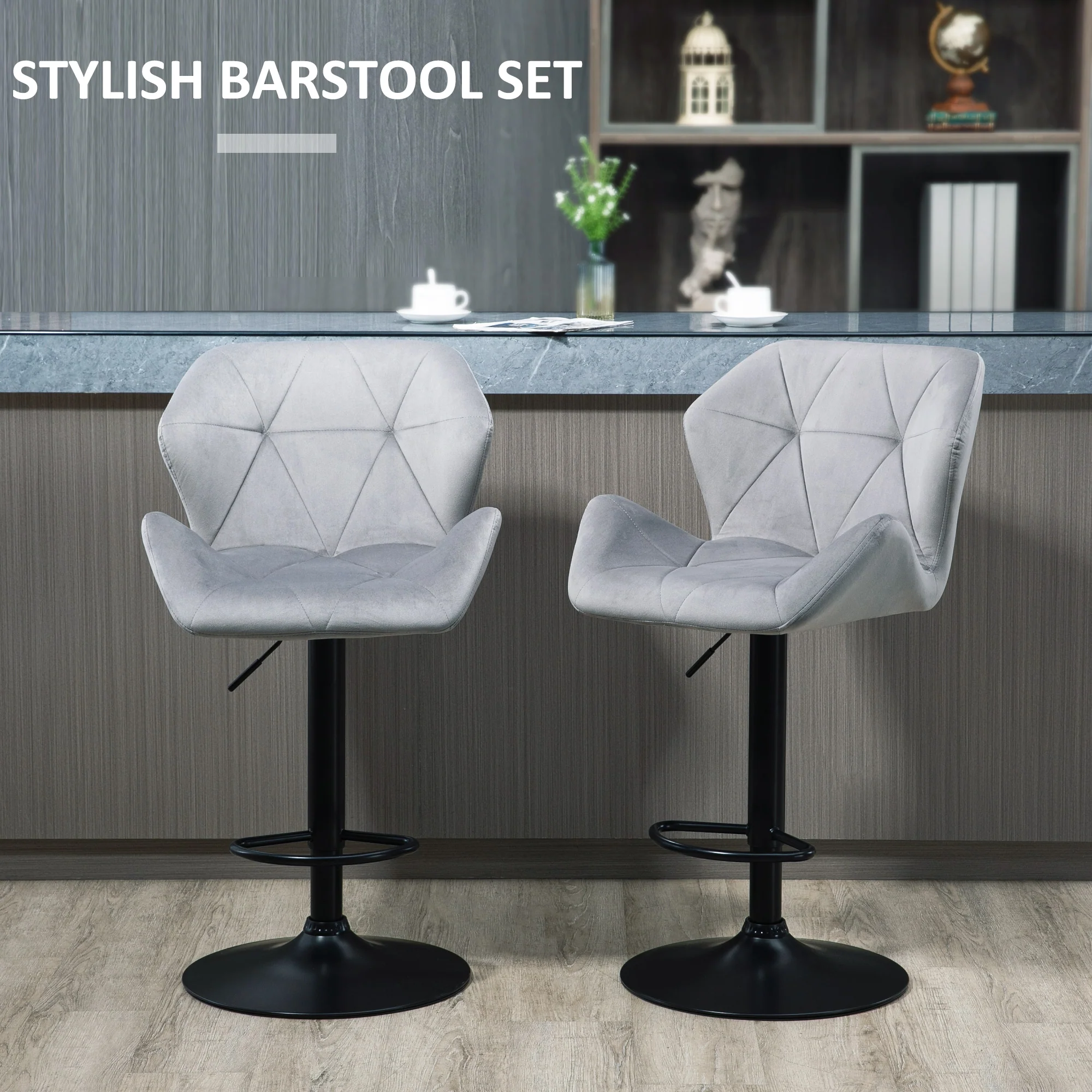 Bar Stools Set of 2, Luxury Velvet-feel Swivel Stools w/ Triangle Indenting Moulded Seat, Grey - Image 6