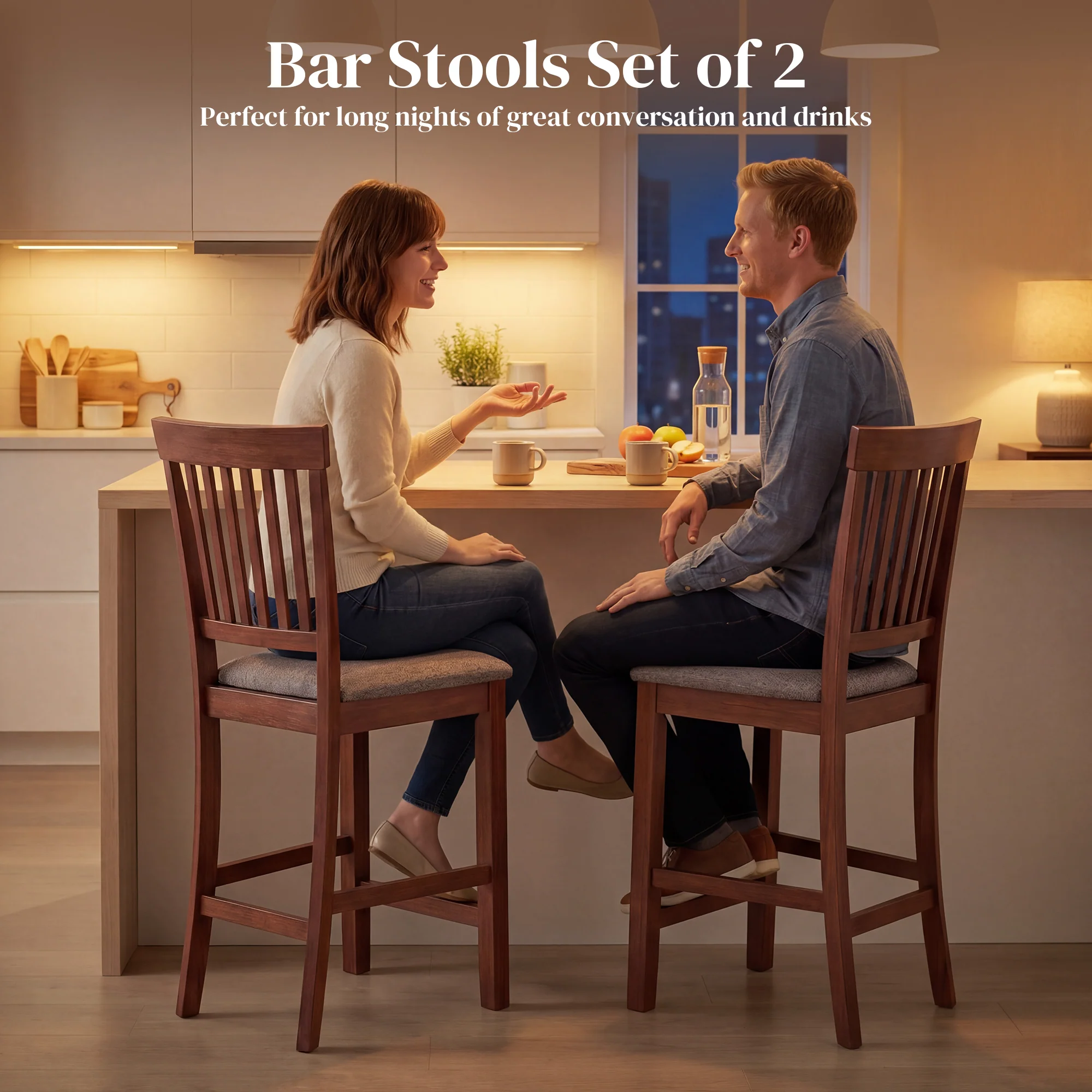 Set of 2 Counter Height Bar Stools with High Back and Rubberwood Legs, Gray & Dark Brown - Image 6