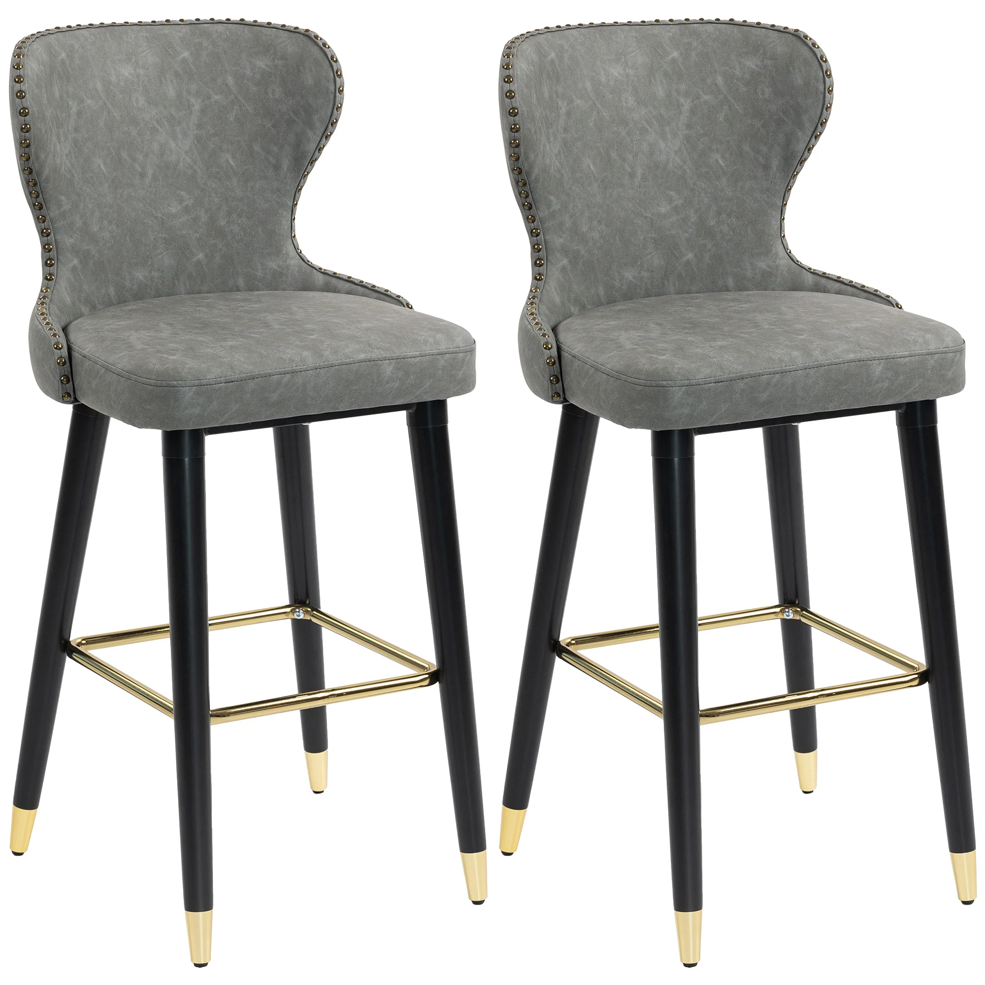 Bar Stools Set of 2, PU Leather Barstools with Backrest, Footrest and Solid Wood Legs, Dining Stools for Kitchen, Counter, Breakfast Bar, Grey - Image 12