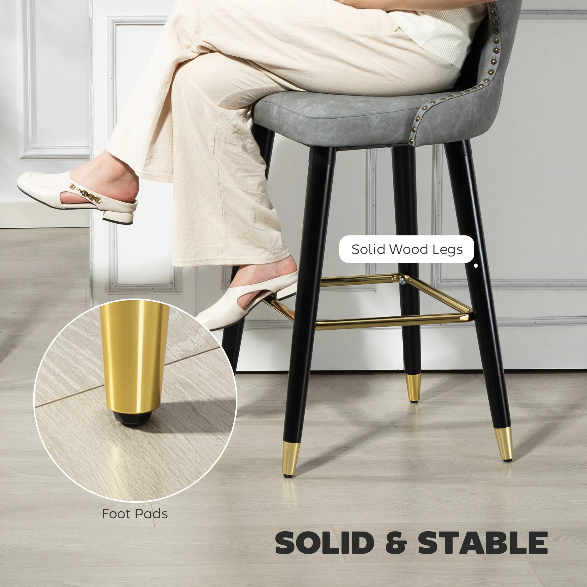 Bar Stools Set of 2, PU Leather Barstools with Backrest, Footrest and Solid Wood Legs, Dining Stools for Kitchen, Counter, Breakfast Bar, Grey - Image 9