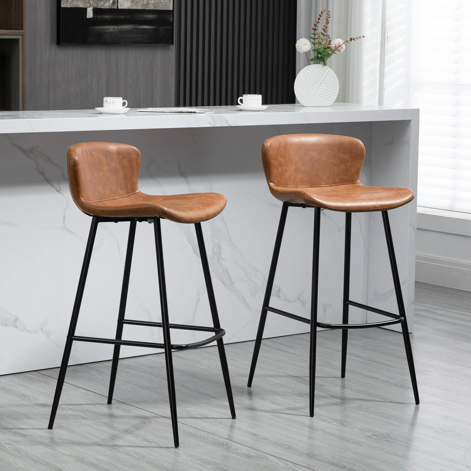Bar Stools Set of 2, PU Leather  Bar Chairs with Backs and Steel Legs, Brown - Image 4