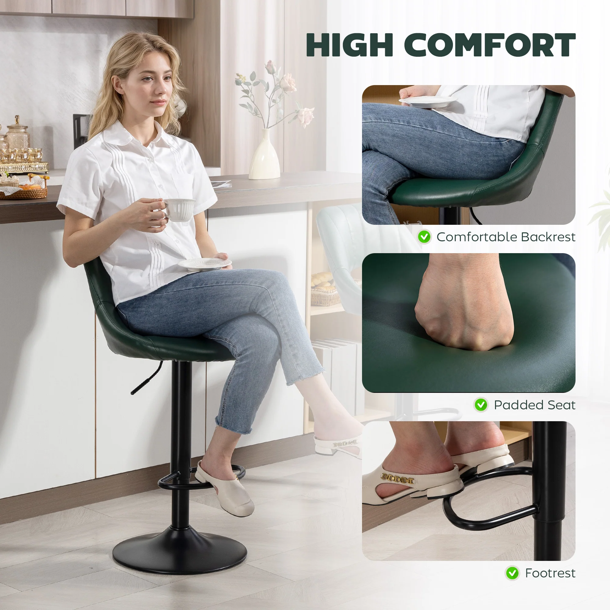 Adjustable Faux Leather Swivel Bar Stools - Set of 2, Steel Frame - Image 7