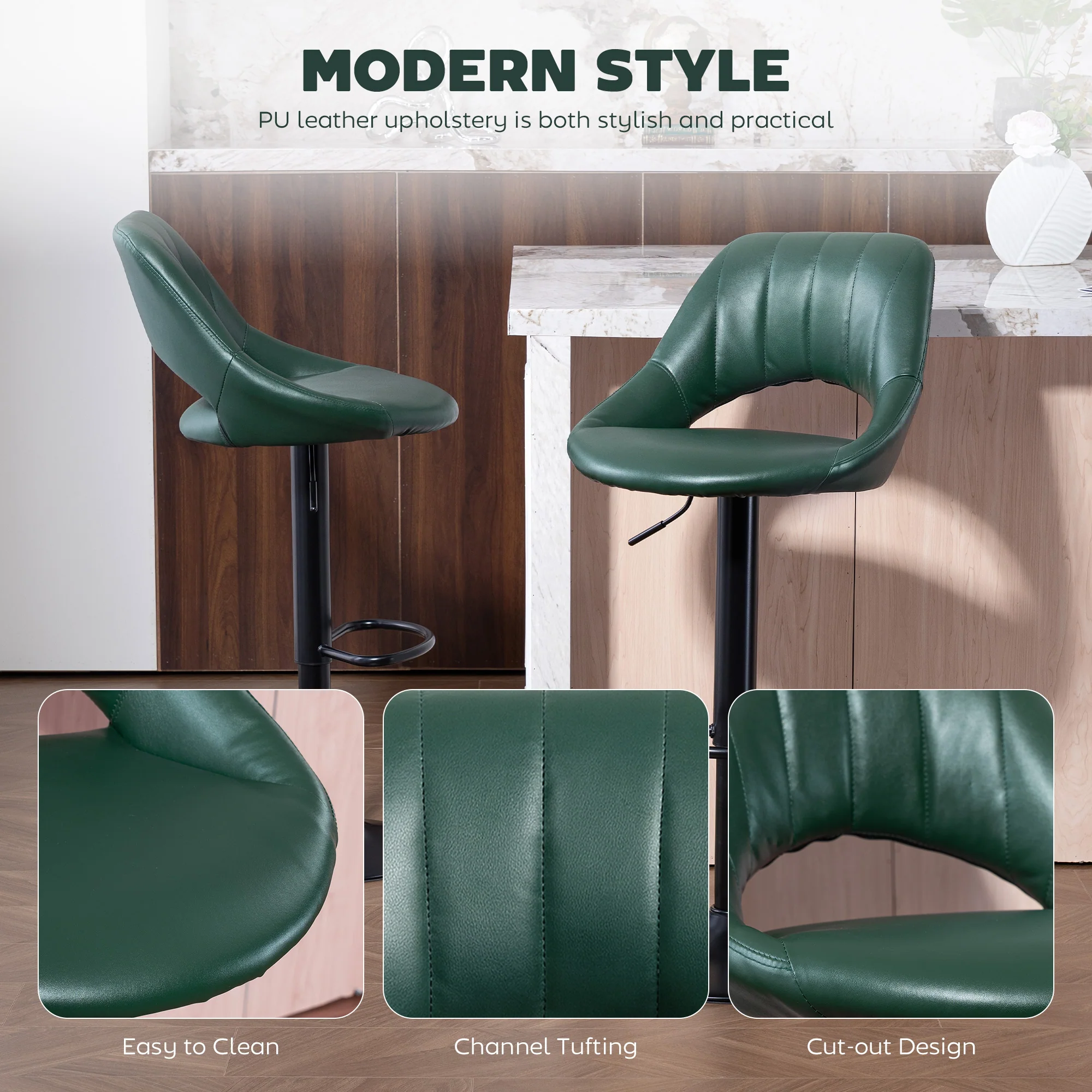 Adjustable Faux Leather Swivel Bar Stools - Set of 2, Steel Frame - Image 9