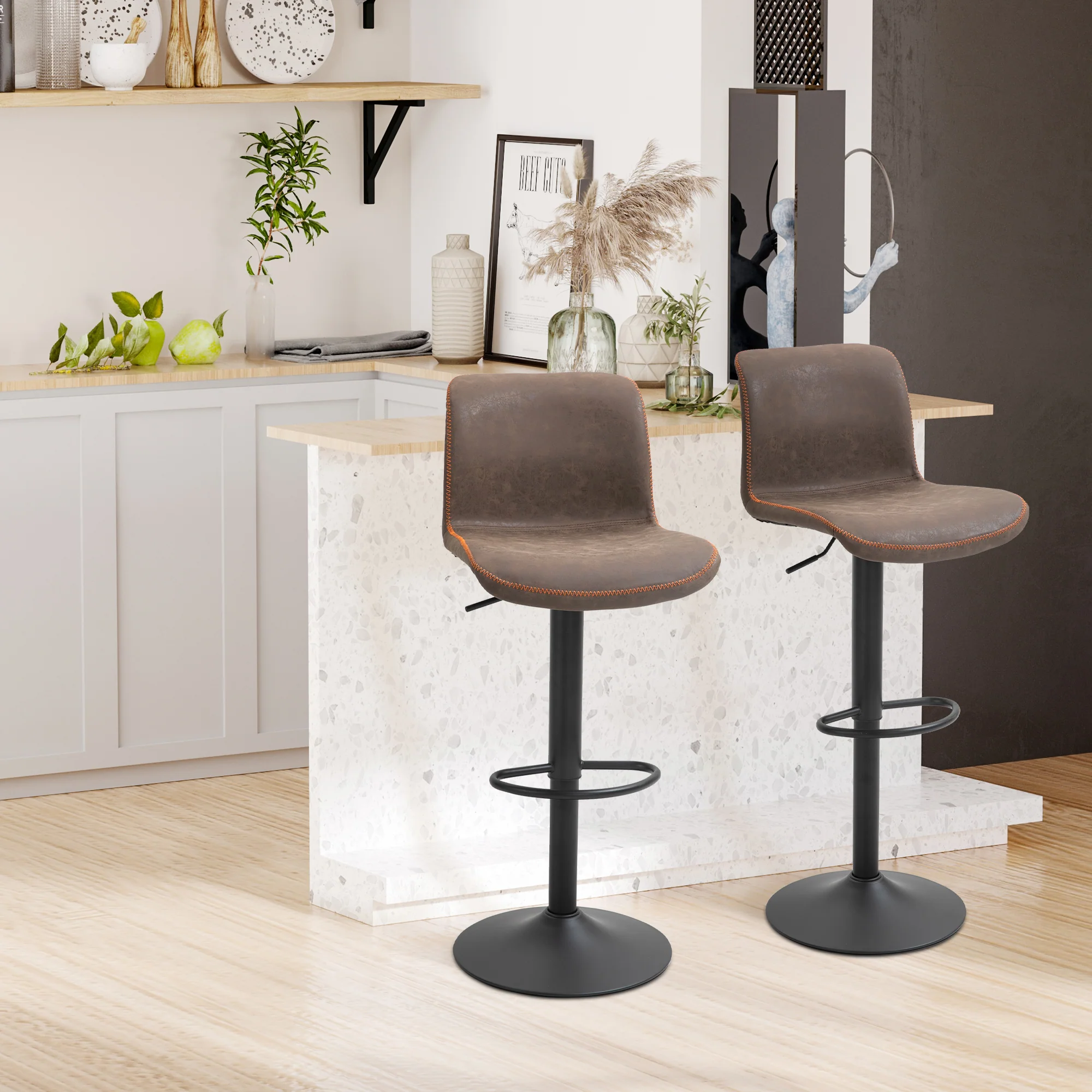 Set of 2 Adjustable PU Leather Swivel Bar Stools with Round Metal Base, Brown - Image 10