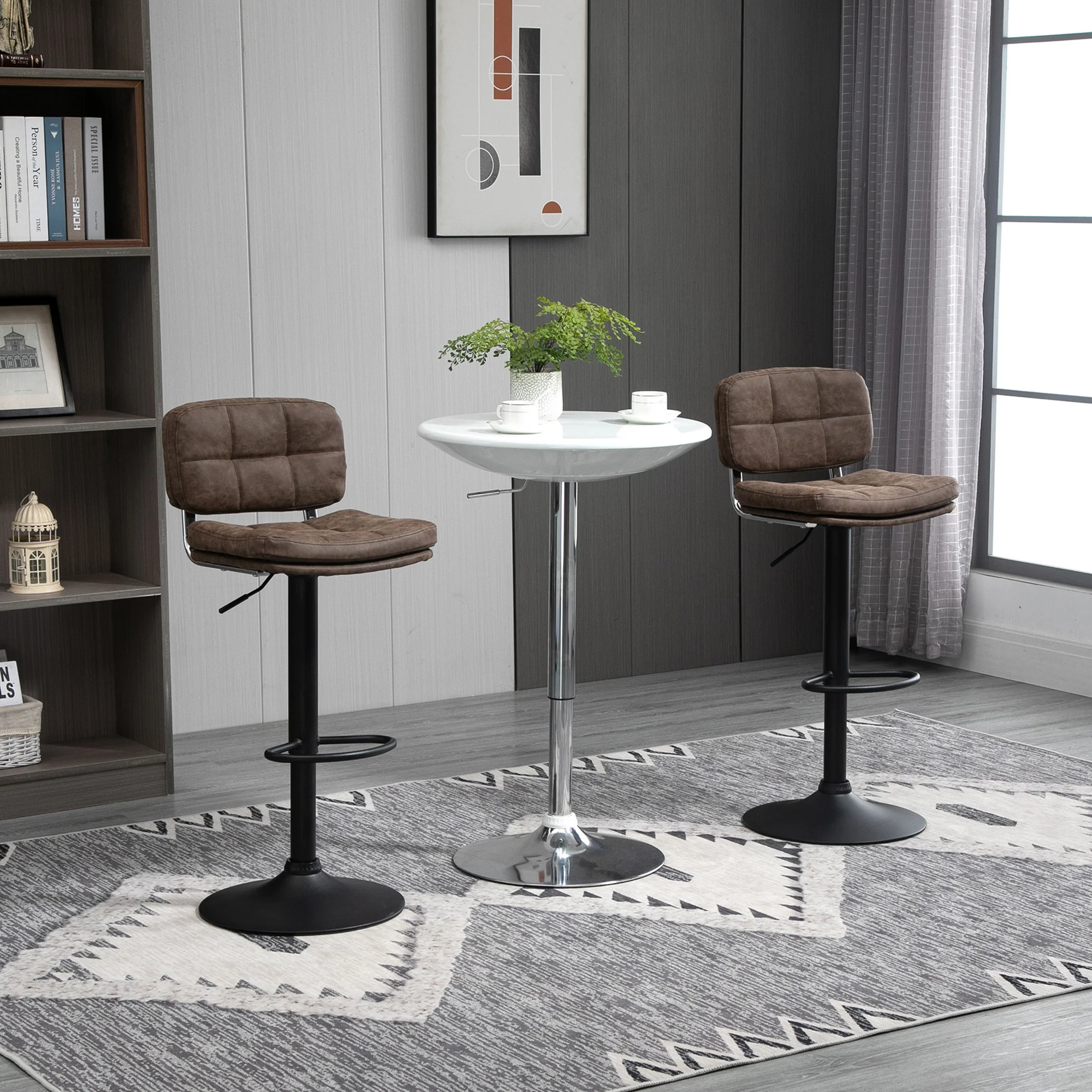 Bar Stools Set of 2, Swivel Counter Height Barstools with Adjustable Height, Back and Footrest, PU Leather Upholstered Bar Chairs for Home Kitchen Island, Brown and Black - Image 4