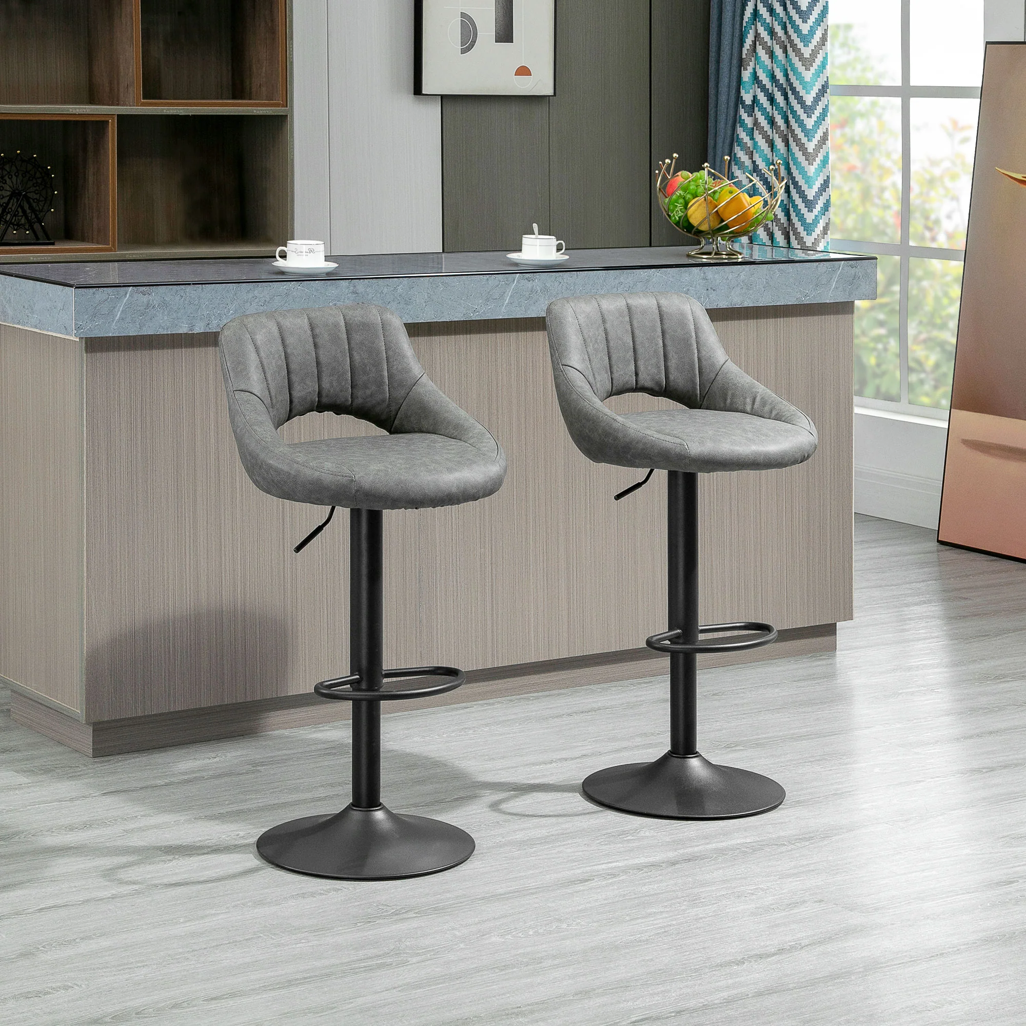 Set of 3 Adjustable Faux Leather Swivel Bar Stools with Round Metal Base, Grey - Image 3