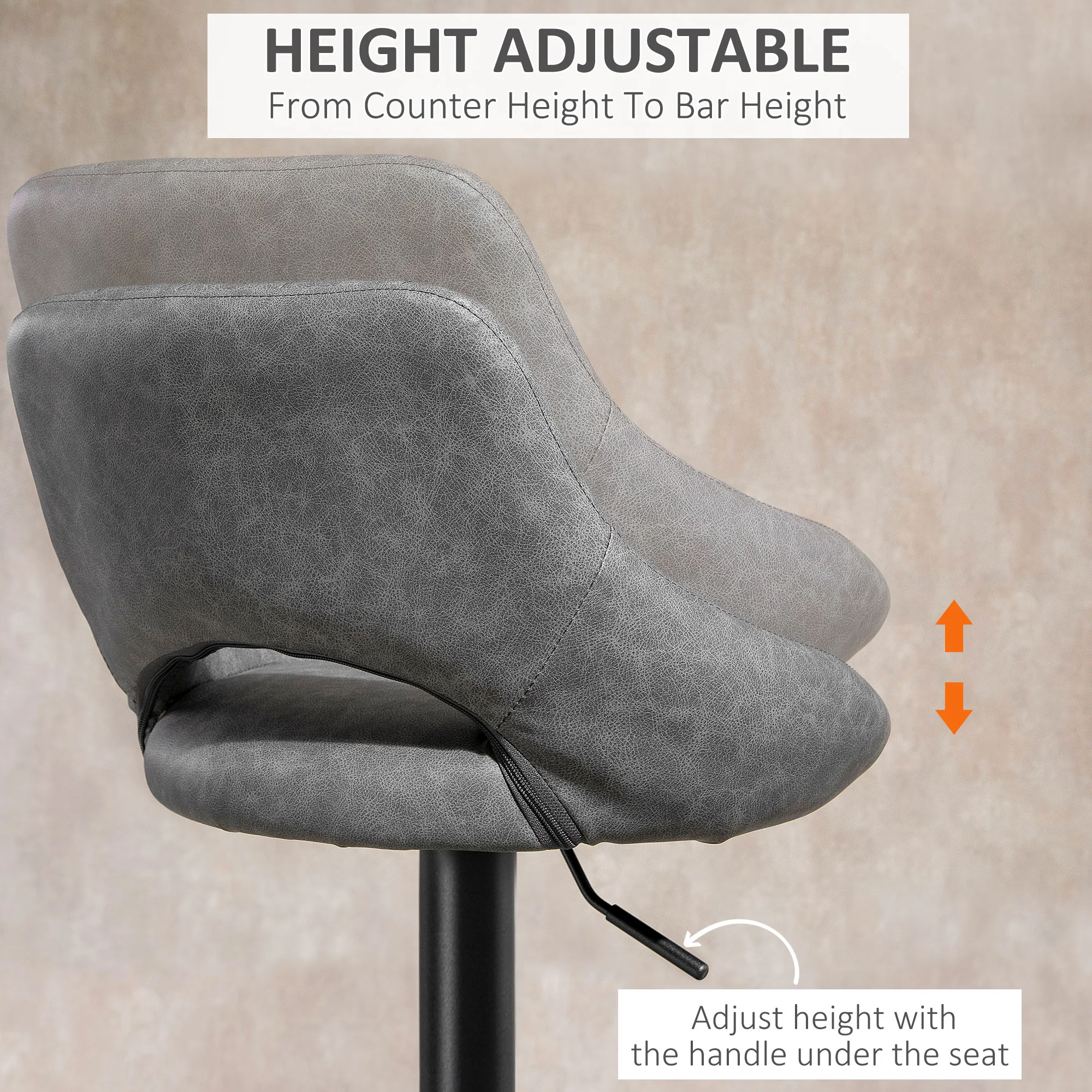 Set of 3 Adjustable Faux Leather Swivel Bar Stools with Round Metal Base, Grey - Image 7