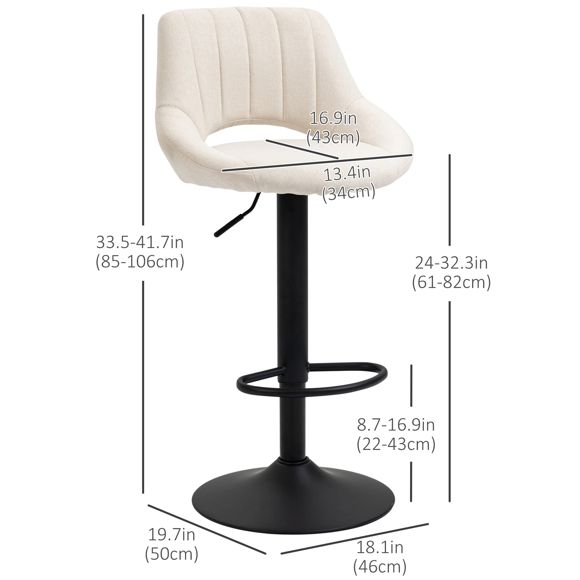 Set of 2 Adjustable Linen Swivel Bar Stools with Round Metal Base, Cream - Image 5