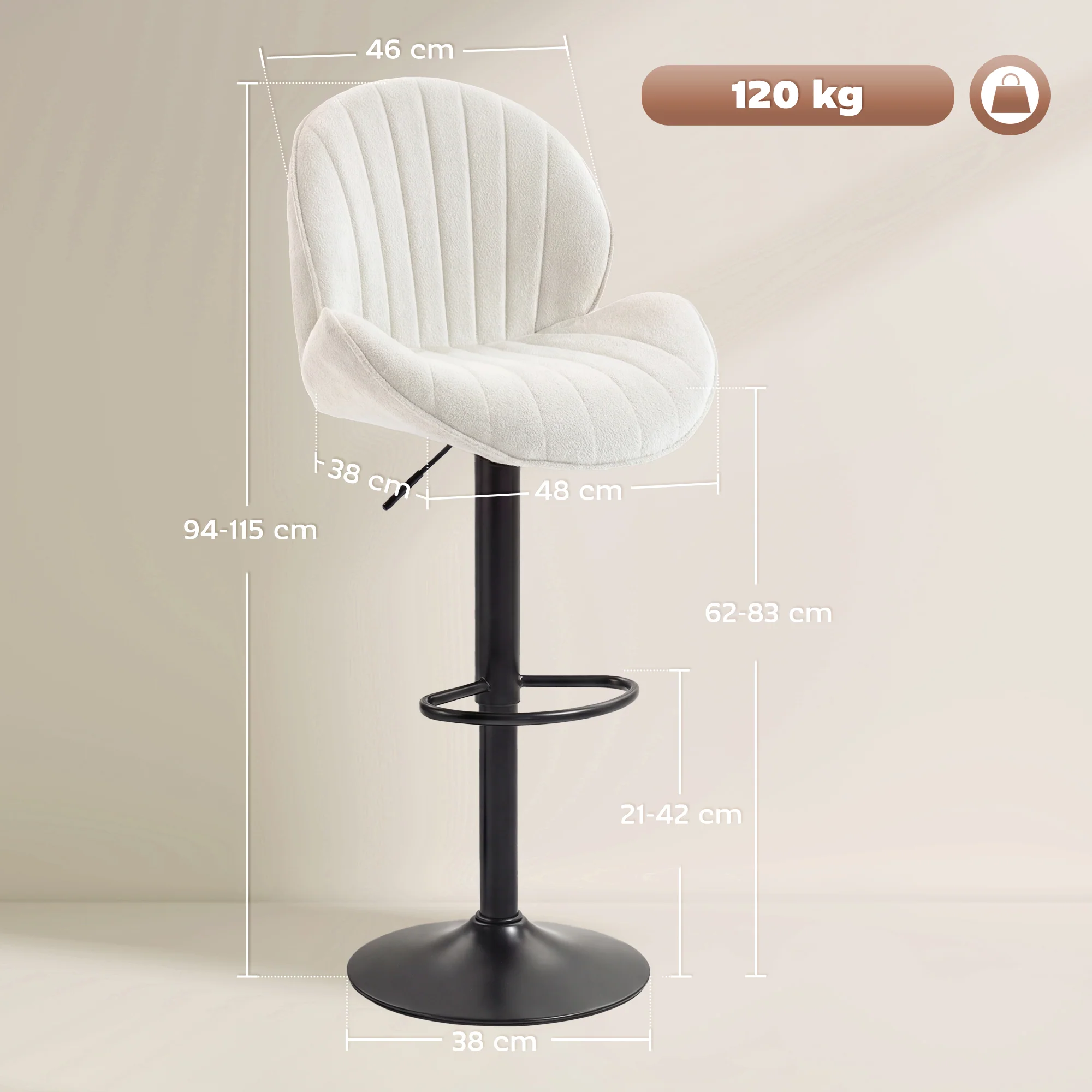 Bar Stools Set of 2, Swivel Counter Height Barstools with Back, Adjustable Height and Footrest, Chenille Upholstered Modern Bar Chairs for Kitchen Island, Dining Room, Cream - Image 5