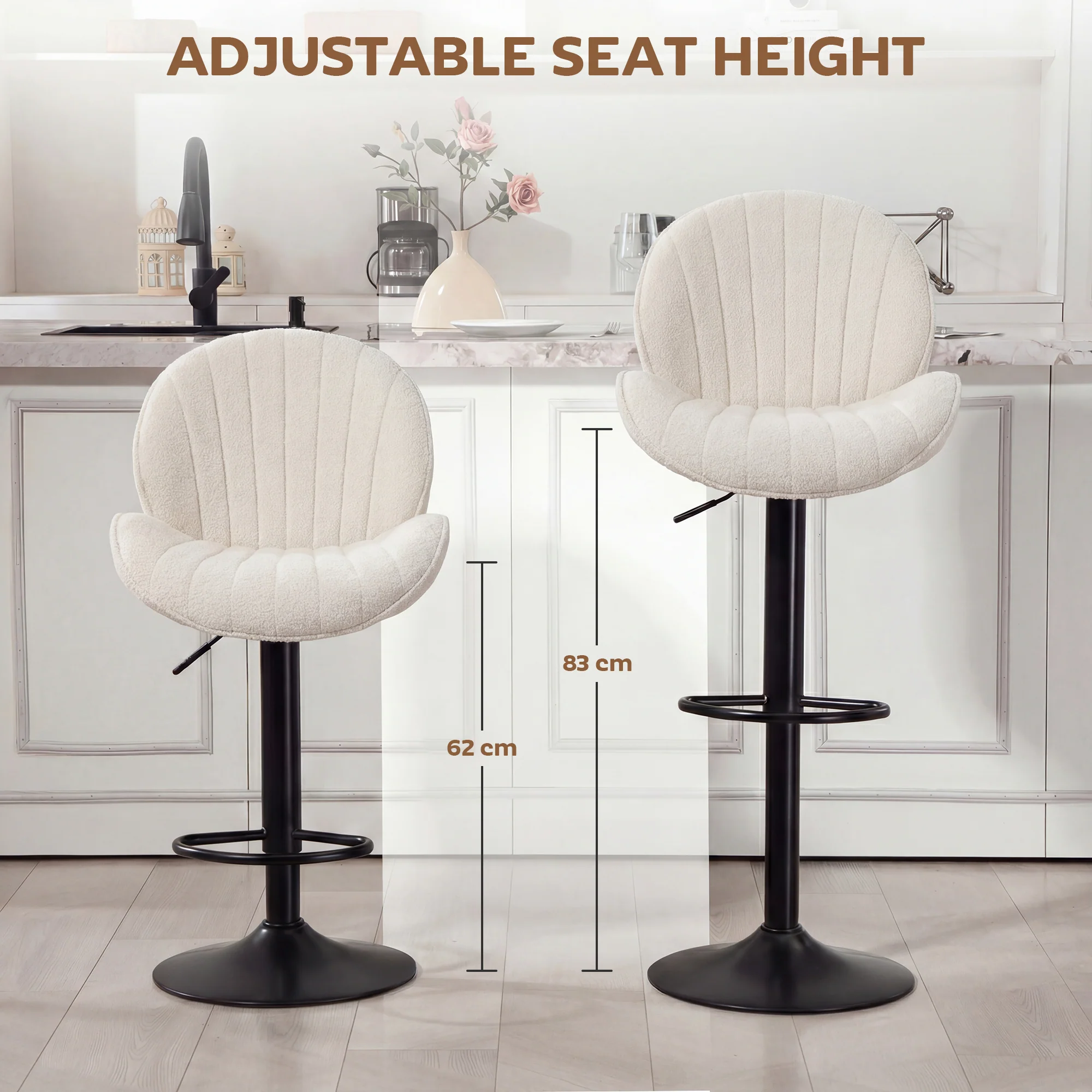 Bar Stools Set of 2, Swivel Counter Height Barstools with Back, Adjustable Height and Footrest, Chenille Upholstered Modern Bar Chairs for Kitchen Island, Dining Room, Cream - Image 7