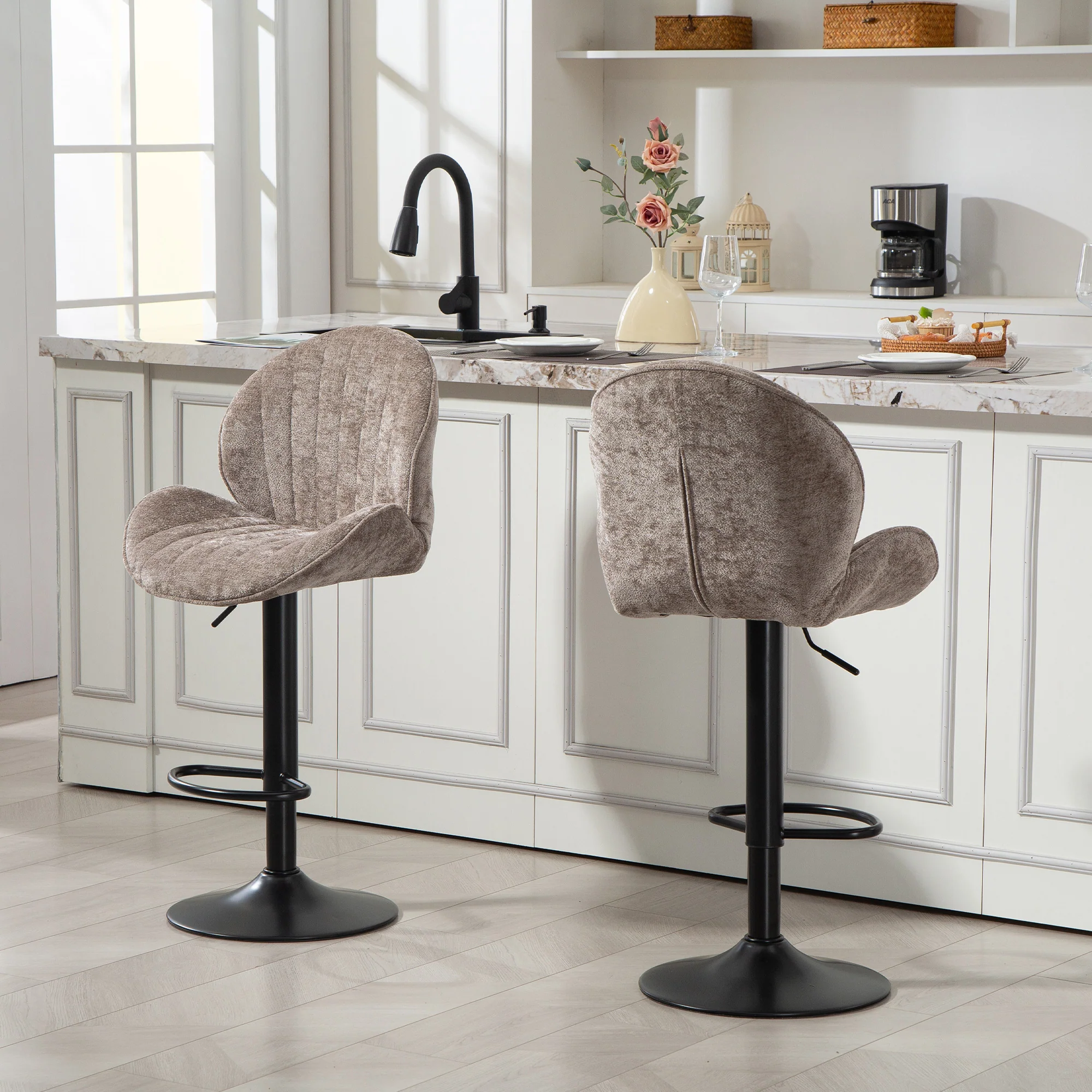 Bar Stools Set of 2, Swivel Counter Height Barstools with Back, Adjustable Height and Footrest, Chenille Upholstered Modern Bar Chairs for Kitchen Island, Dining Room, Brown - Image 3