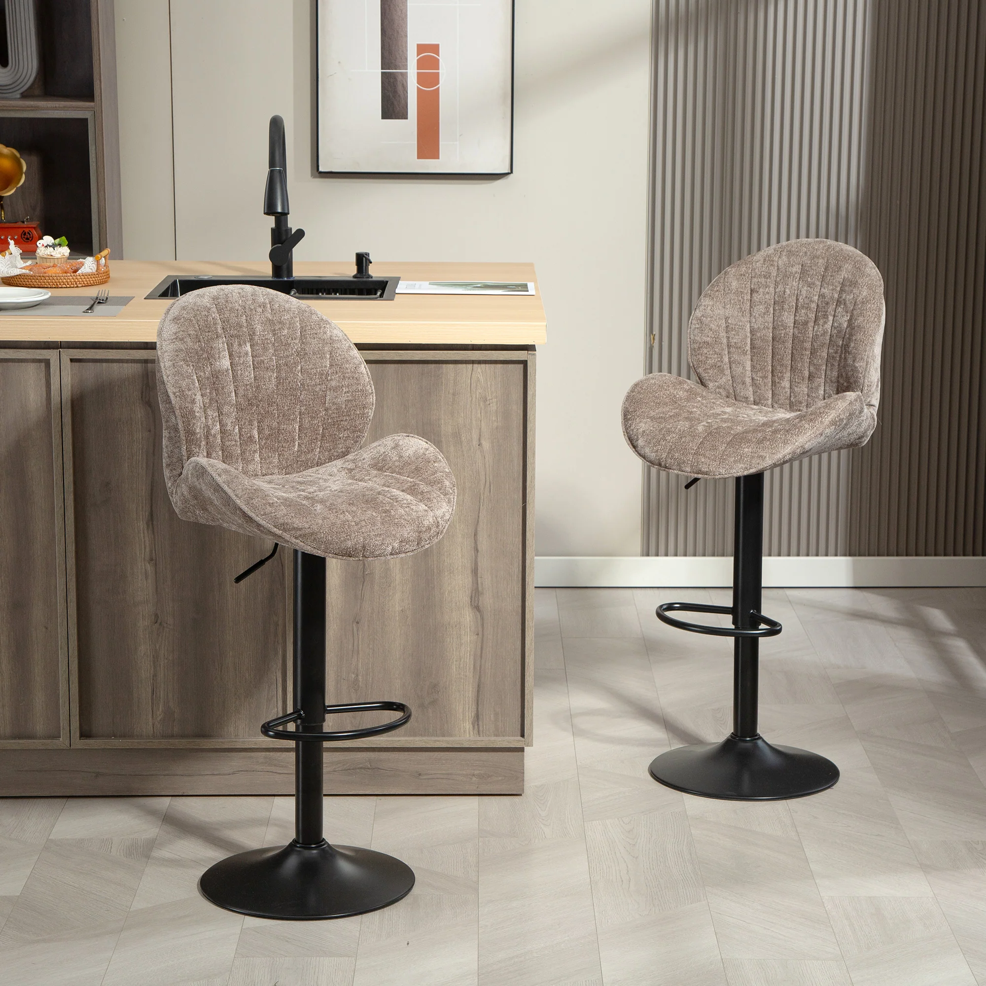 Bar Stools Set of 2, Swivel Counter Height Barstools with Back, Adjustable Height and Footrest, Chenille Upholstered Modern Bar Chairs for Kitchen Island, Dining Room, Brown - Image 4