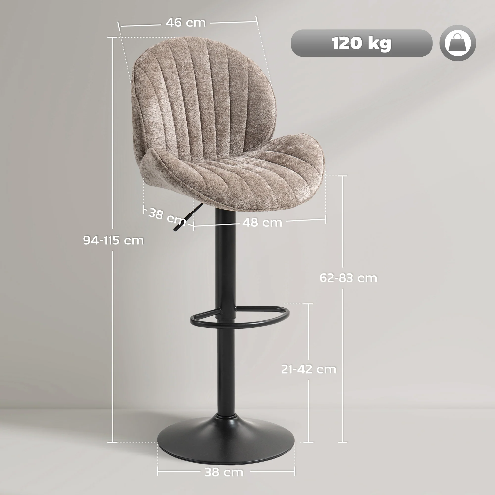 Bar Stools Set of 2, Swivel Counter Height Barstools with Back, Adjustable Height and Footrest, Chenille Upholstered Modern Bar Chairs for Kitchen Island, Dining Room, Brown - Image 5