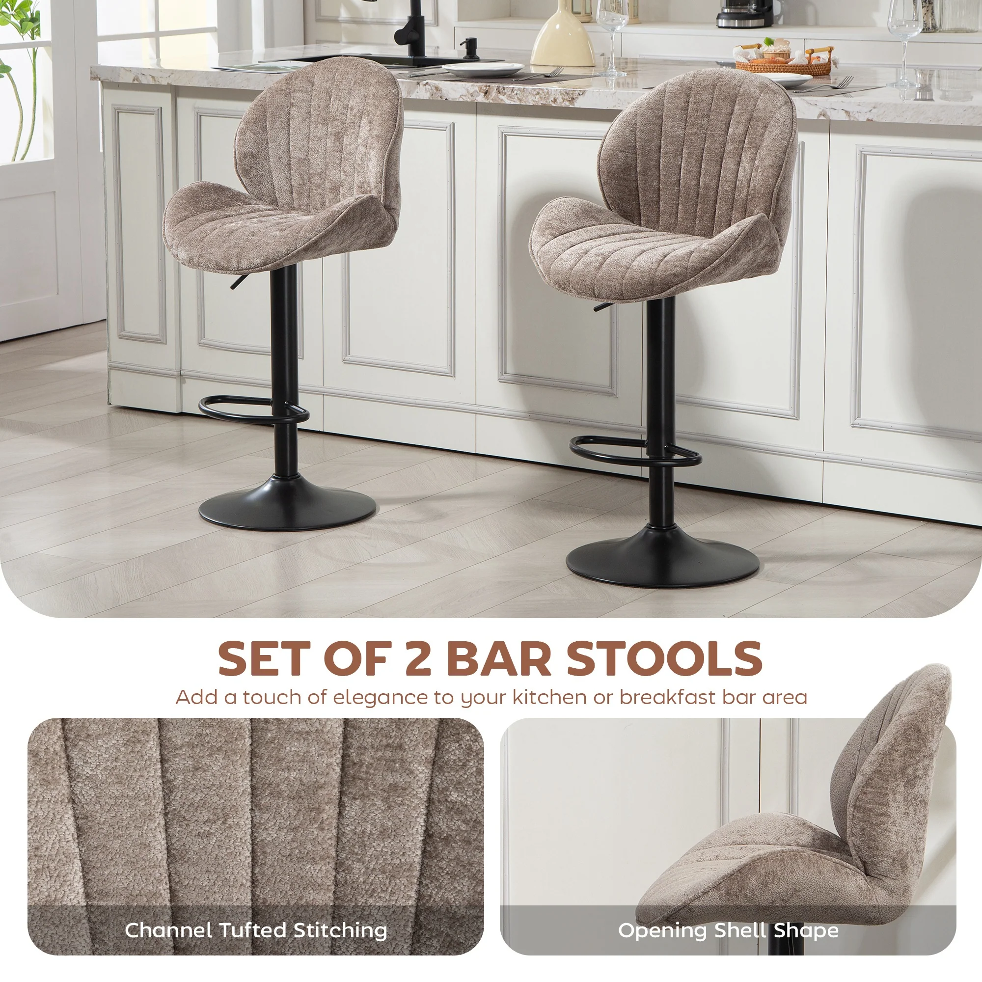 Bar Stools Set of 2, Swivel Counter Height Barstools with Back, Adjustable Height and Footrest, Chenille Upholstered Modern Bar Chairs for Kitchen Island, Dining Room, Brown - Image 6