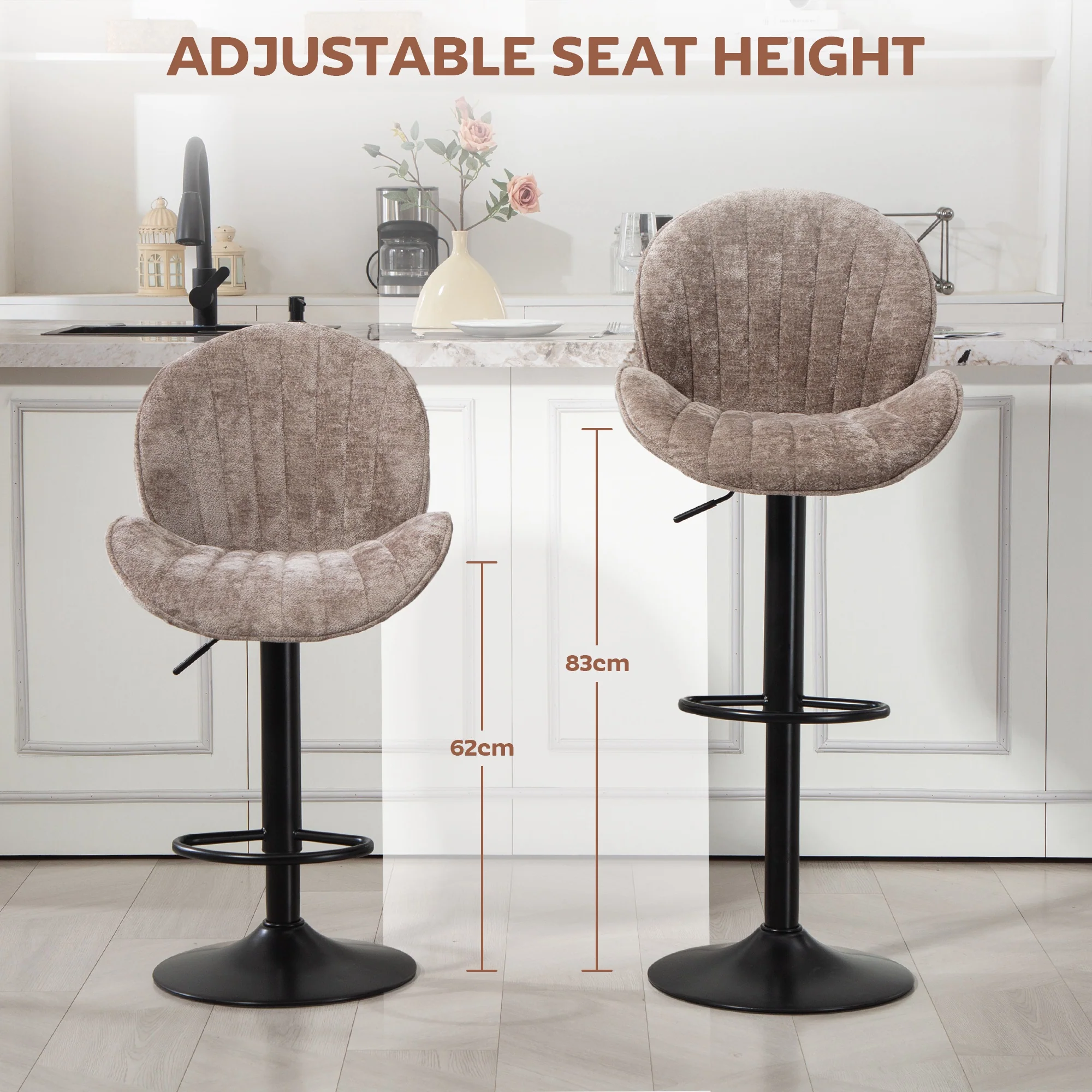Bar Stools Set of 2, Swivel Counter Height Barstools with Back, Adjustable Height and Footrest, Chenille Upholstered Modern Bar Chairs for Kitchen Island, Dining Room, Brown - Image 7