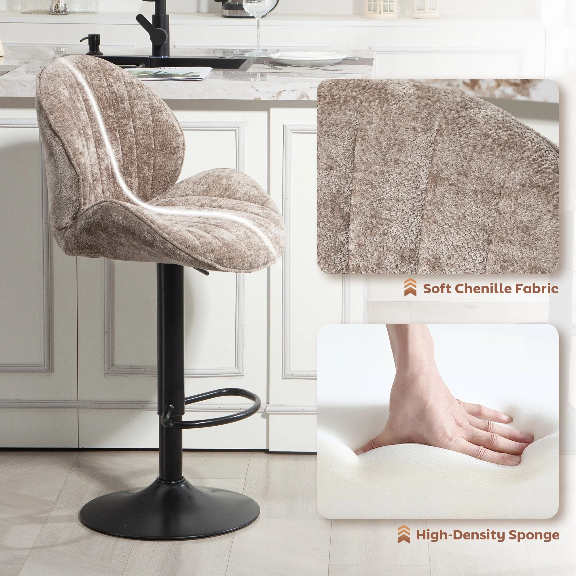 Bar Stools Set of 2, Swivel Counter Height Barstools with Back, Adjustable Height and Footrest, Chenille Upholstered Modern Bar Chairs for Kitchen Island, Dining Room, Brown - Image 9