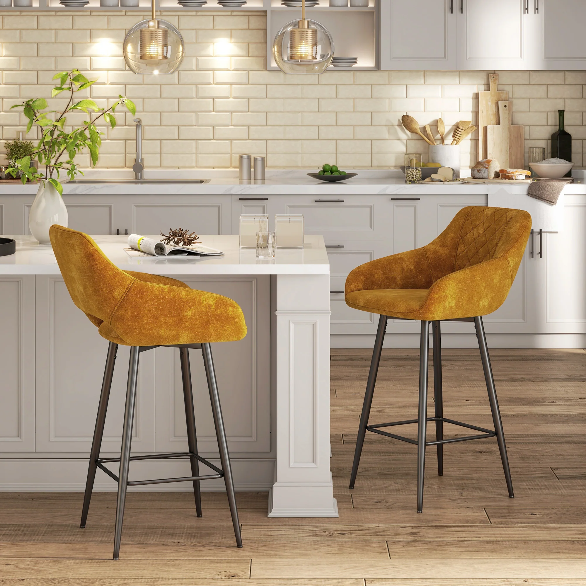 Aura Velvet Bar Stools Set of 2, Velvet-feel Fabric Counter Height Chairs with Steel Legs, Brown - Image 13