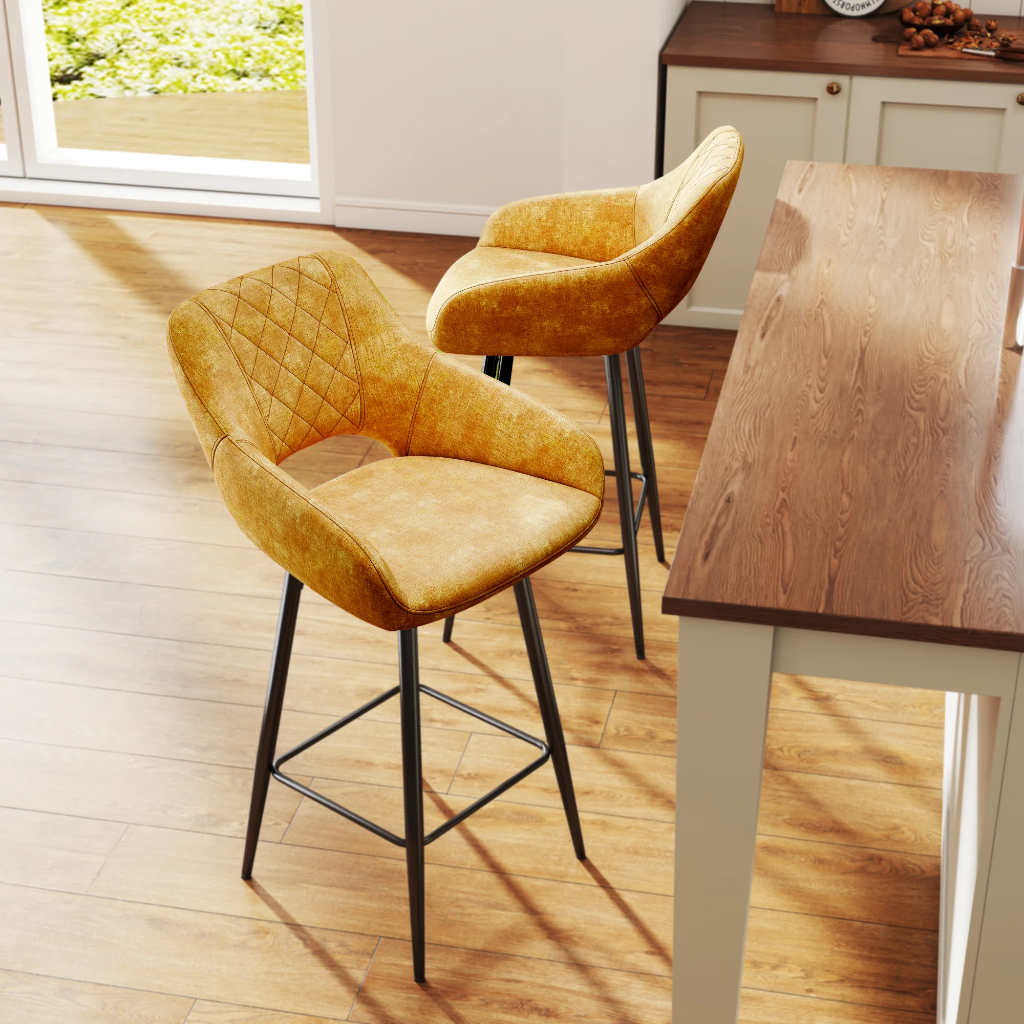 Aura Velvet Bar Stools Set of 2, Velvet-feel Fabric Counter Height Chairs with Steel Legs, Brown - Image 4