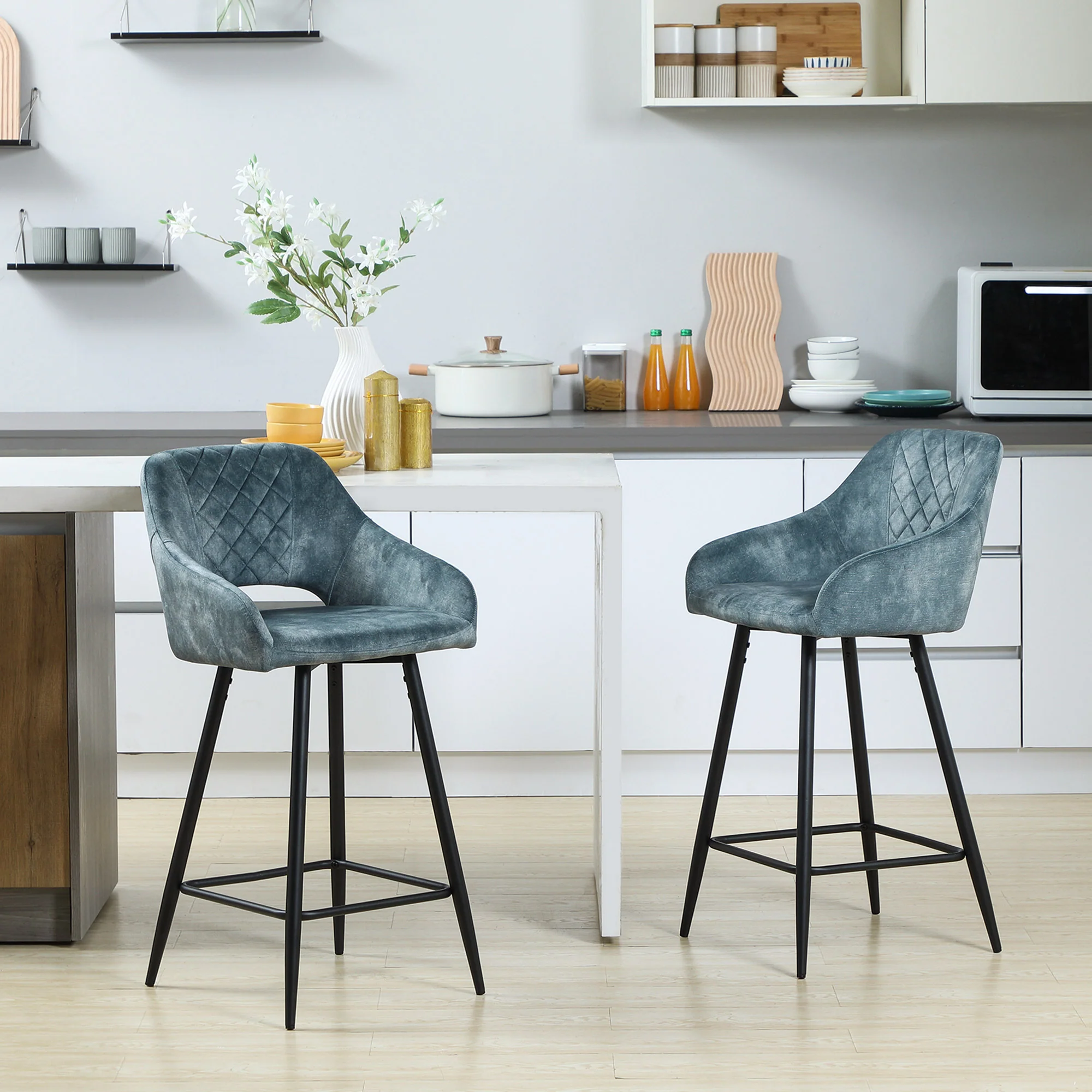 Aura Velvet Bar Stools Set of 2, Velvet-feel Fabric Counter Height Chairs with Steel Legs, Blue - Image 15