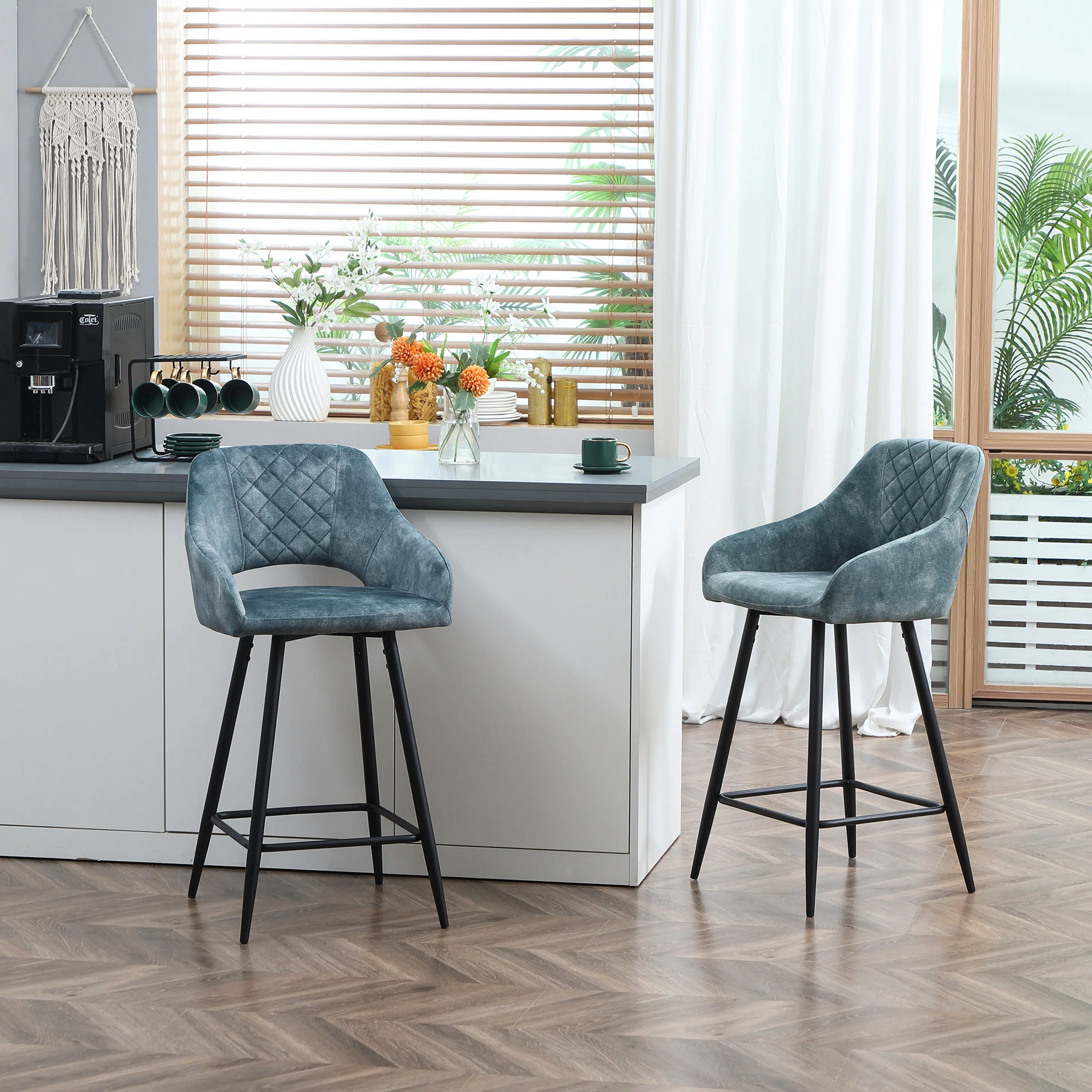 Aura Velvet Bar Stools Set of 2, Velvet-feel Fabric Counter Height Chairs with Steel Legs, Blue - Image 3