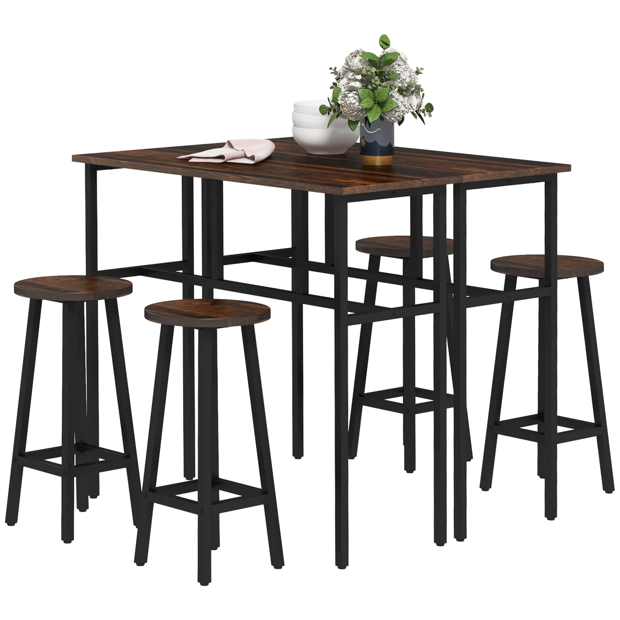 6-Piece Bar Table Set with 2 Tables & 4 Stools, Rustic Brown