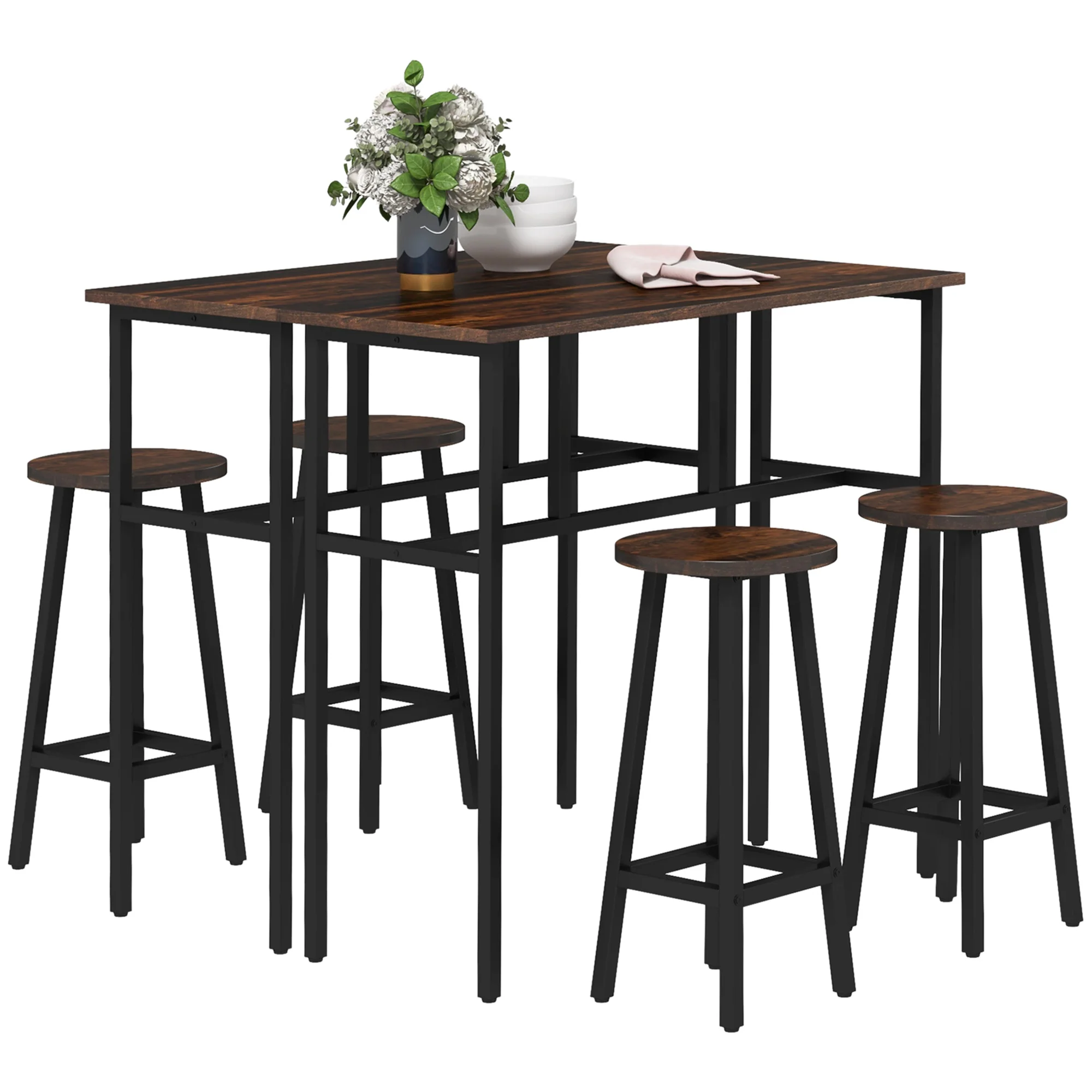6-Piece Bar Table Set with 2 Tables & 4 Stools, Rustic Brown - Image 2