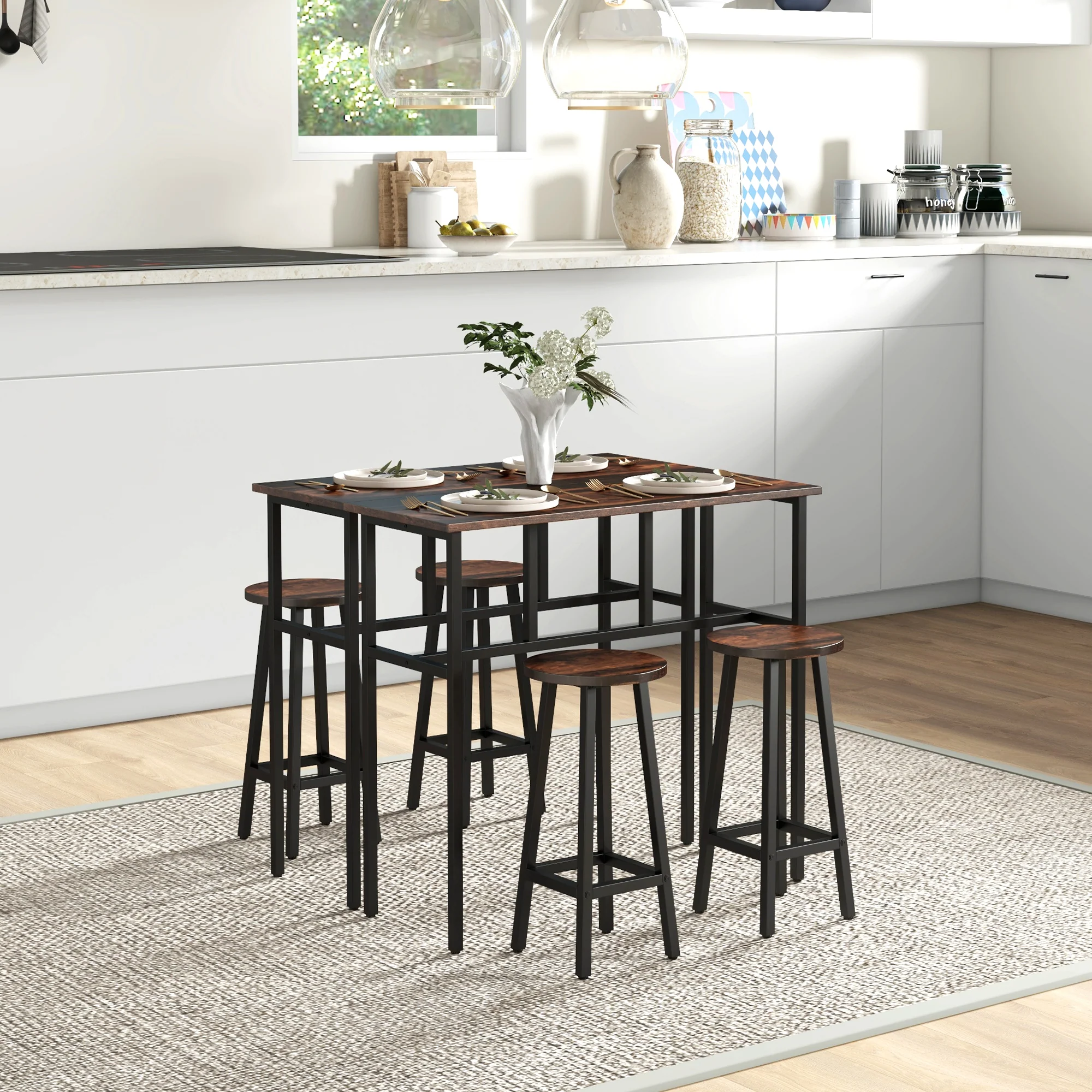 6-Piece Bar Table Set with 2 Tables & 4 Stools, Rustic Brown - Image 3
