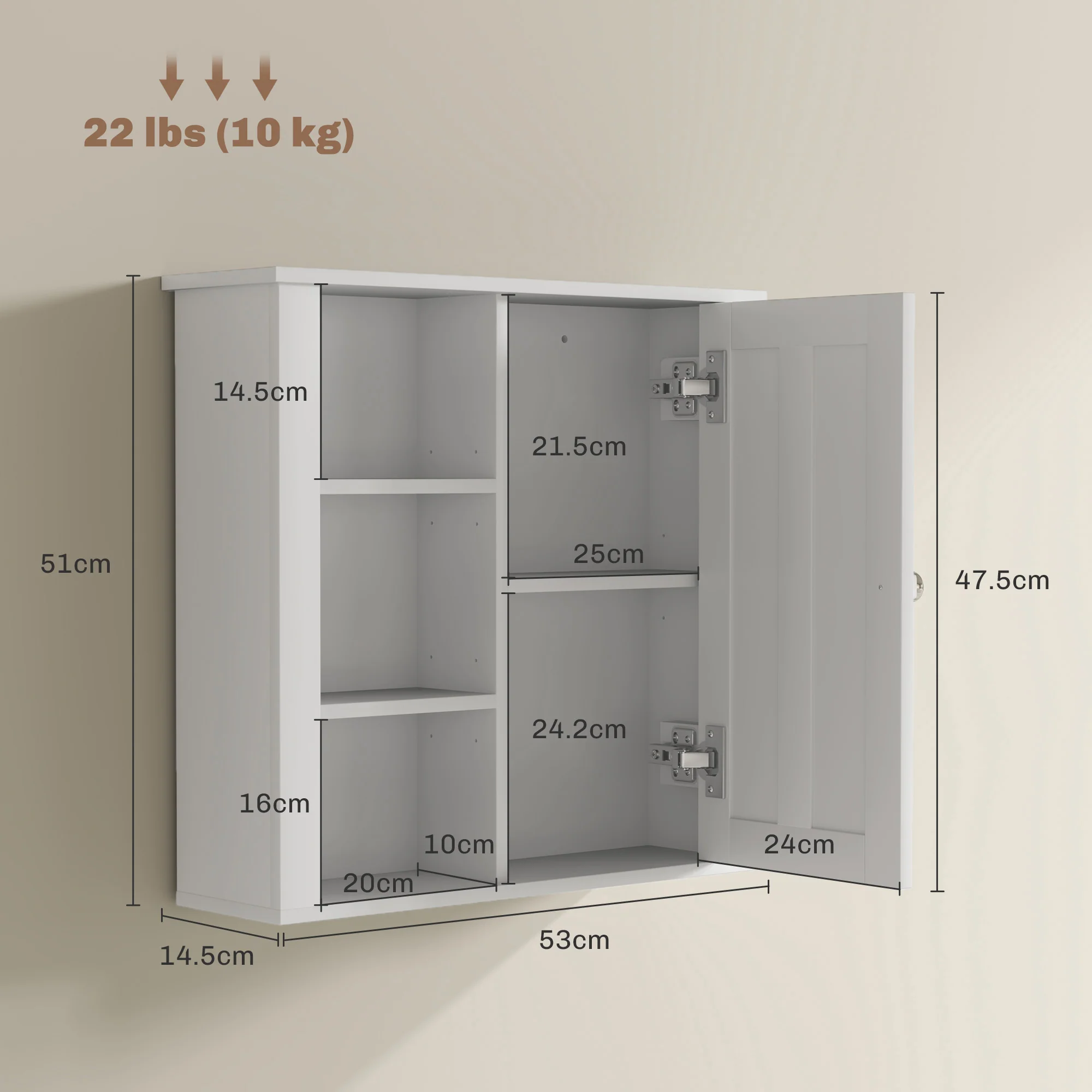 Bathroom Wall Cabinet with Adjustable Shelves and Cupboard, 53 x 15 x 51 cm, White - Image 5