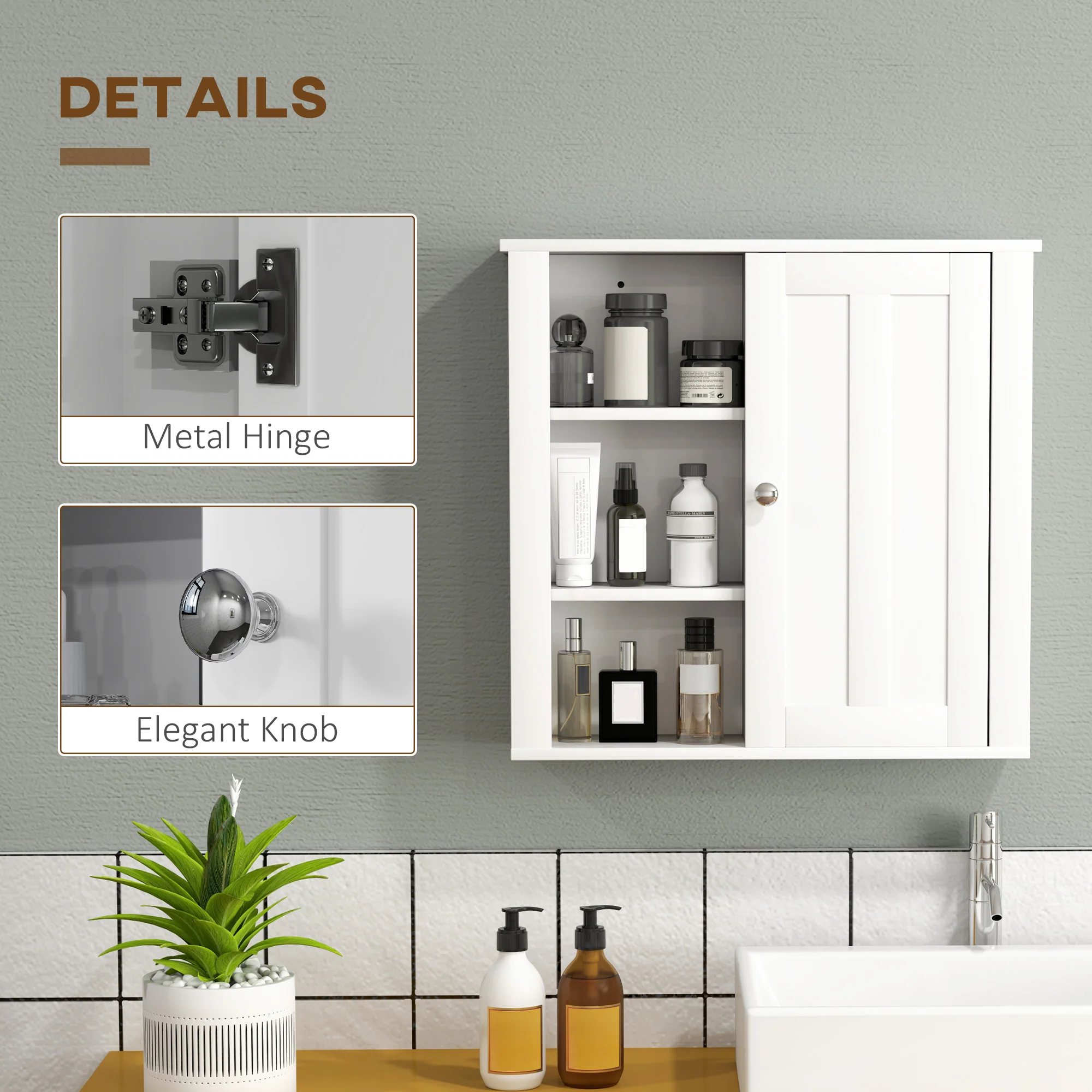 Bathroom Wall Cabinet with Adjustable Shelves and Cupboard, 53 x 15 x 51 cm, White - Image 9