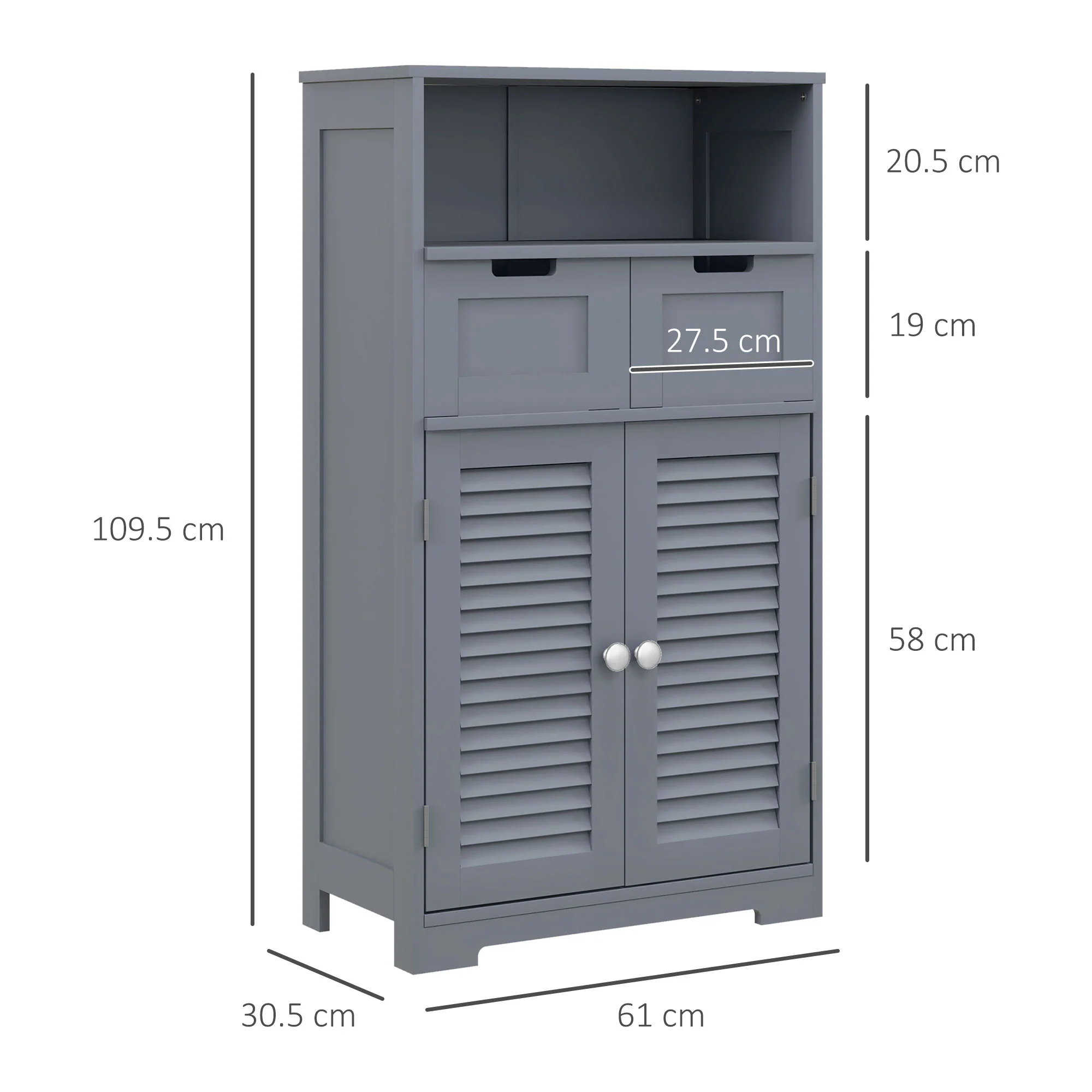 Bathroom Storage Cabinet with Louvred Doors, Drawers & Open Shelf, Grey - Image 5