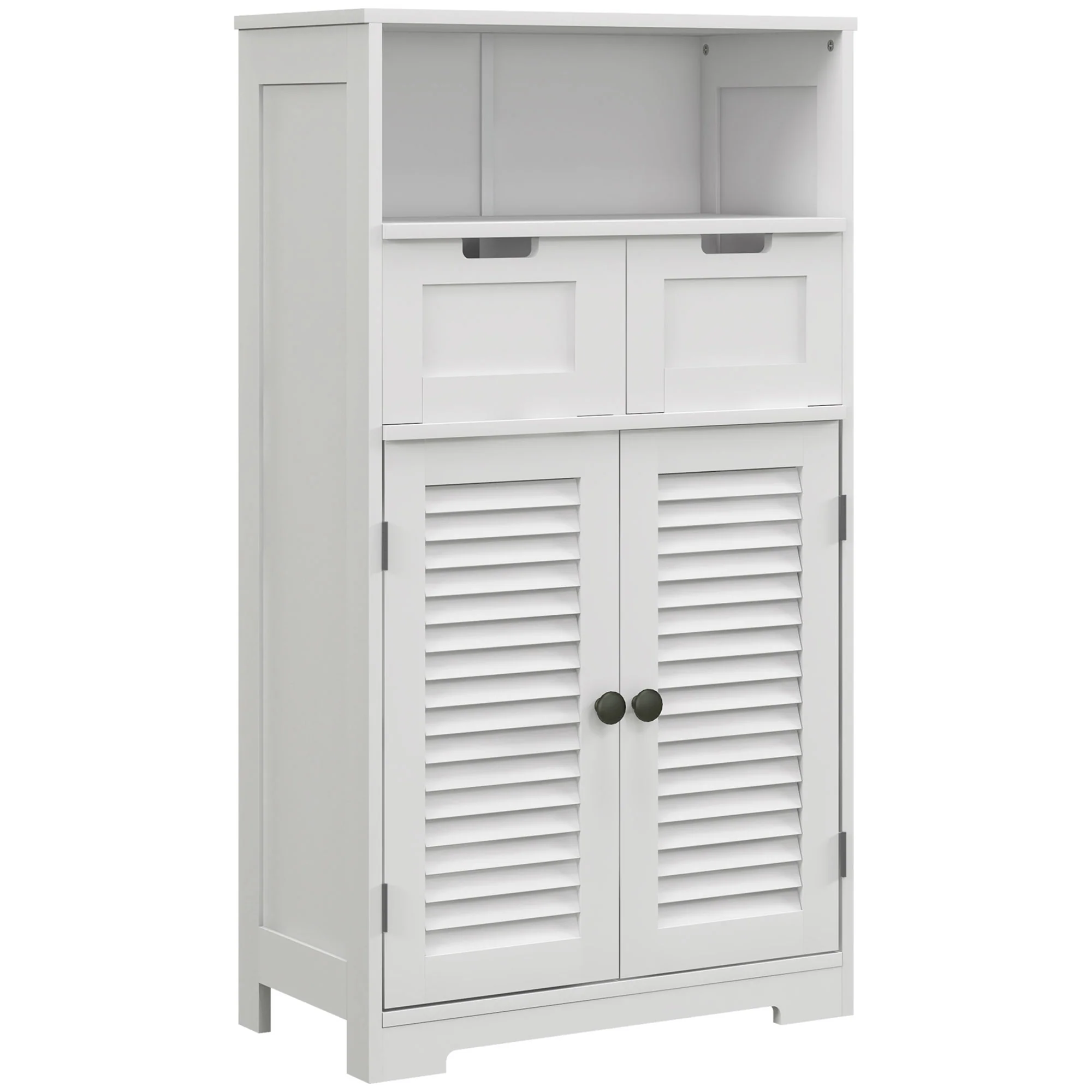 Bathroom Storage Cabinet with Louvred Doors, Drawers & Open Shelf, White