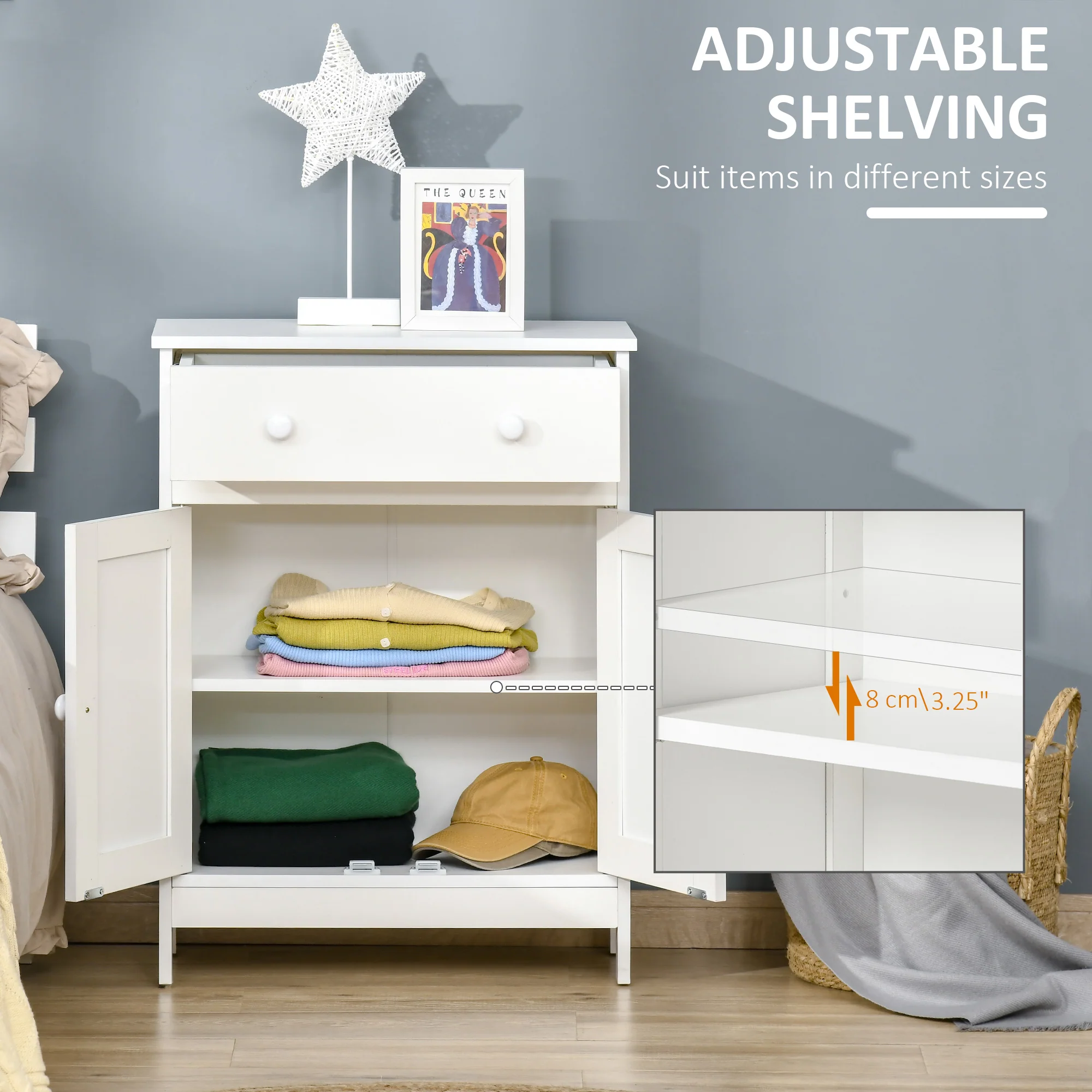 Freestanding Storage Floor Cabinet with Drawer, Shaker Doors & Adjustable Shelf, White - Image 7
