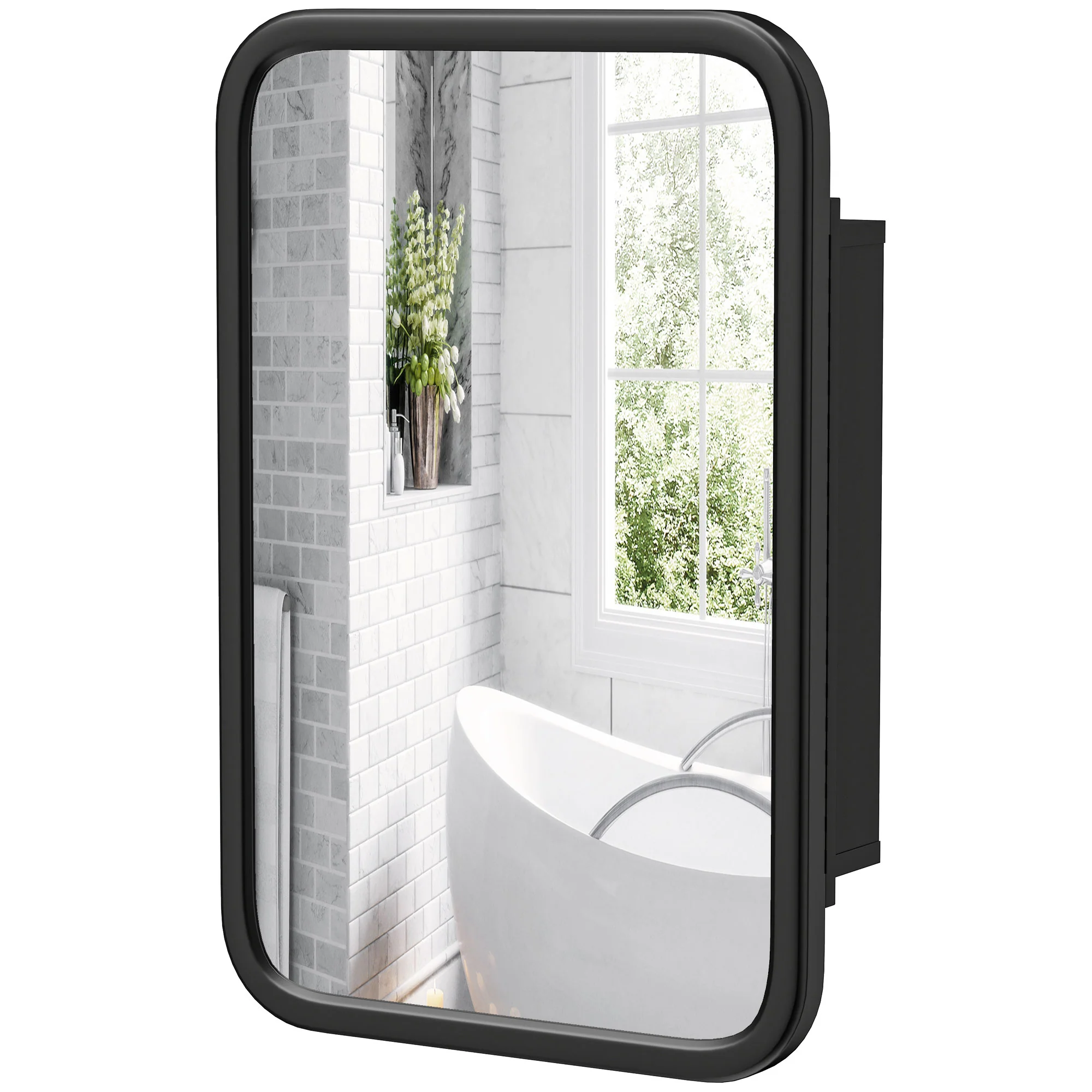 Bathroom Medicine Cabinet with Tempered Mirror, Metal Bathroom Mirror Cabinet Wall Mounted with 3 Shelves and 180° Swing Door for Hallway or Bathroom, Black - Image 2