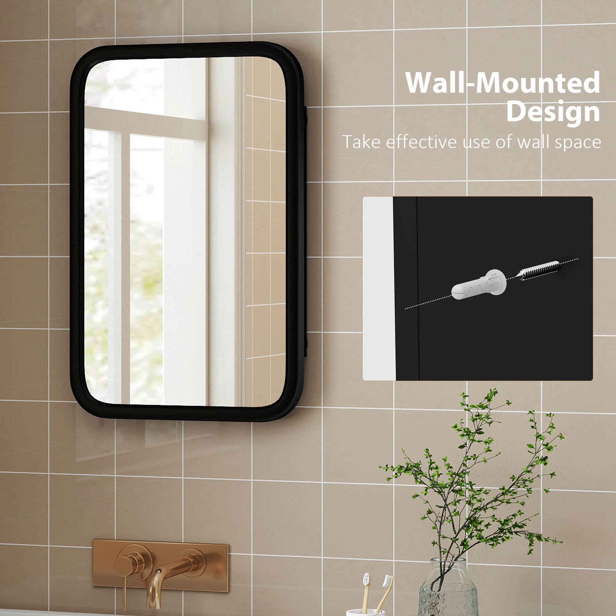 Bathroom Medicine Cabinet with Tempered Mirror, Metal Bathroom Mirror Cabinet Wall Mounted with 3 Shelves and 180° Swing Door for Hallway or Bathroom, Black - Image 9