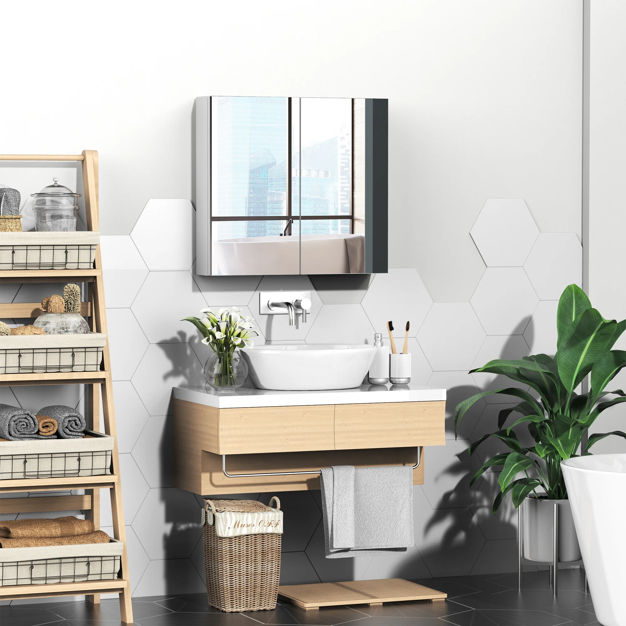 24" x 22" Mirrored Medicine Cabinet, 2-Doors Wall-Mounted Bathroom Cabinet, White - Image 10